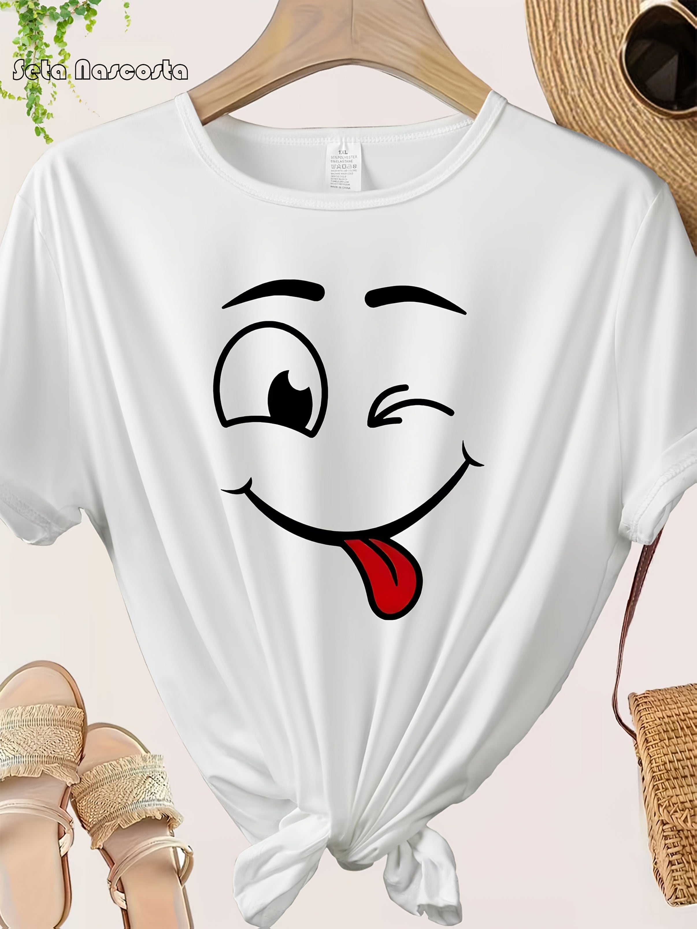 Plus Size - Plus Size - Plus-Size T-Shirt Featuring a 'Smile Pattern' Print, with Fun Expression Graphics on Short Sleeves
