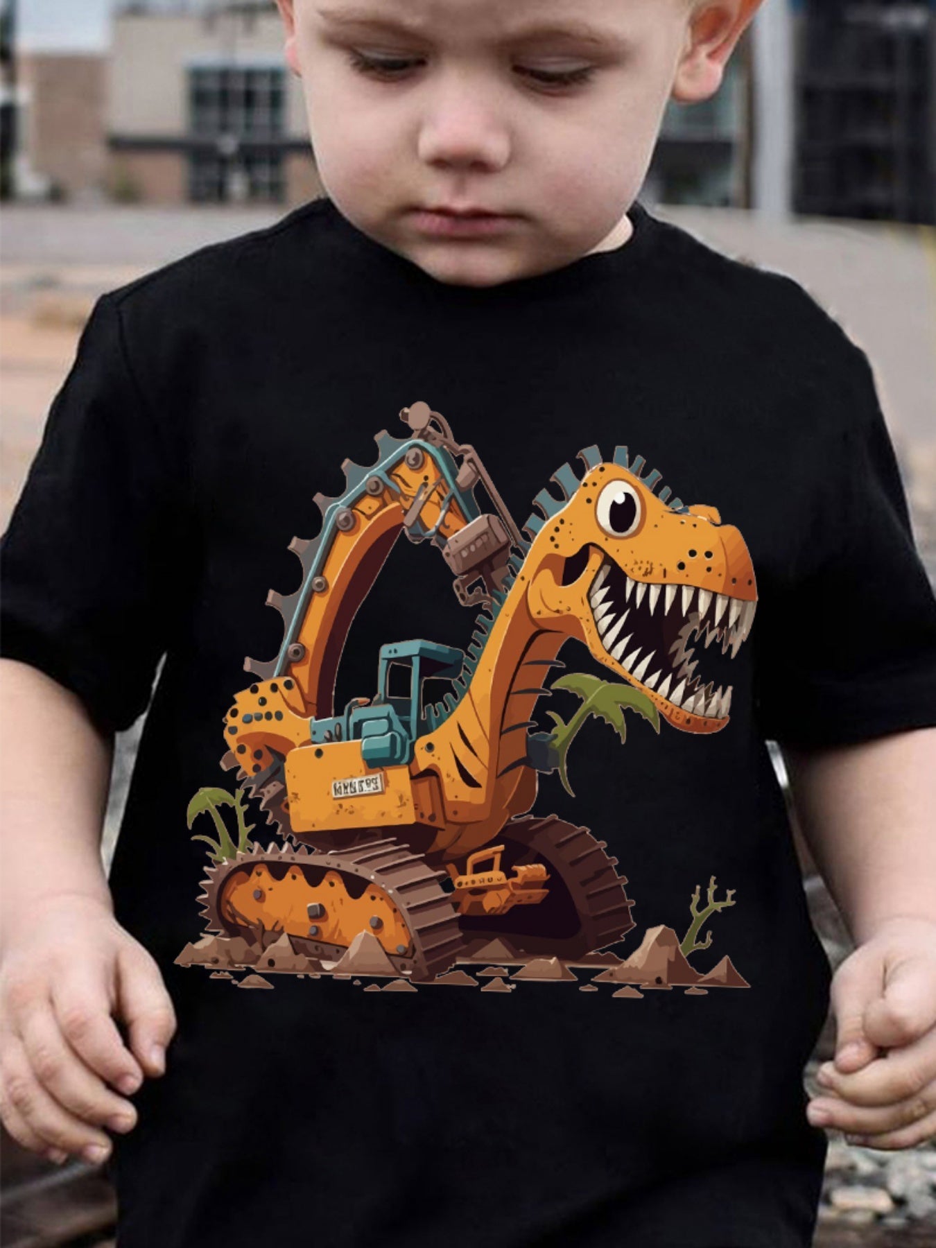 Summer Boys' Fashion Short Sleeve Dinosaur Excavator Element Print Outdoor Casual Top DX5016