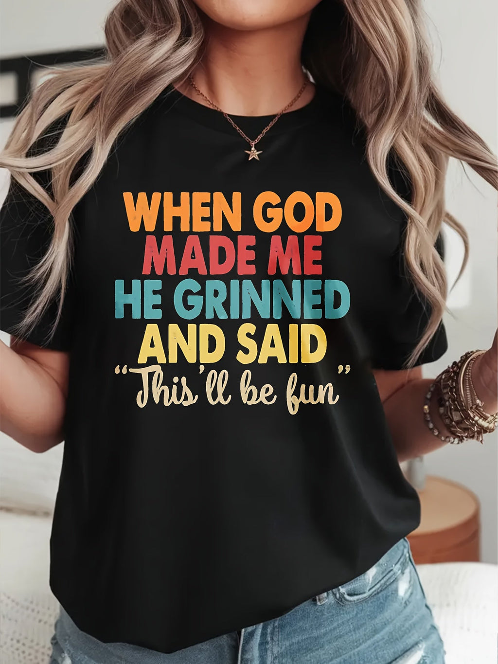 Funny Christian Shirts for Women When God Made Me He Grinned T Shirt Sarcastic Jesus Faith Religious Tops