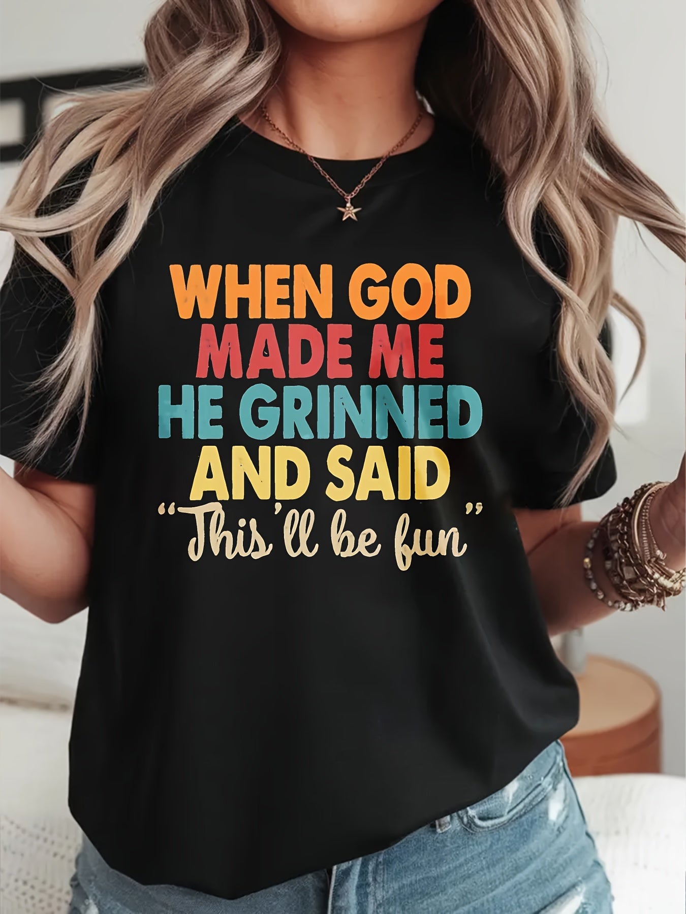 Funny Christian Shirts for Women When God Made Me He Grinned T Shirt Sarcastic Jesus Faith Religious Tops
