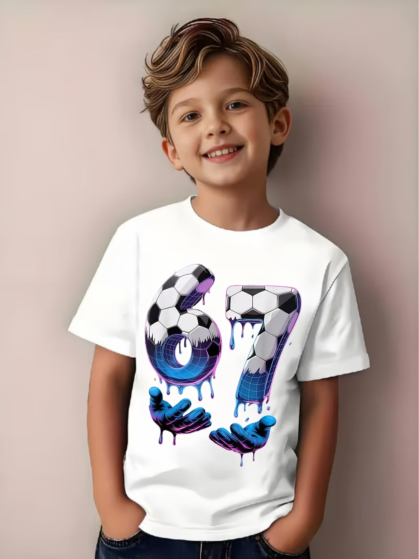 Soccer "67" Boys and Girls Ice Cream Drip Fun Six Seven Hand  Pack T-Shirt, Spring/Summer Comfortable Casual Crew Neck, Breathable, Casual Style, Crew Neck, Perfect for Kids, Printed Pattern