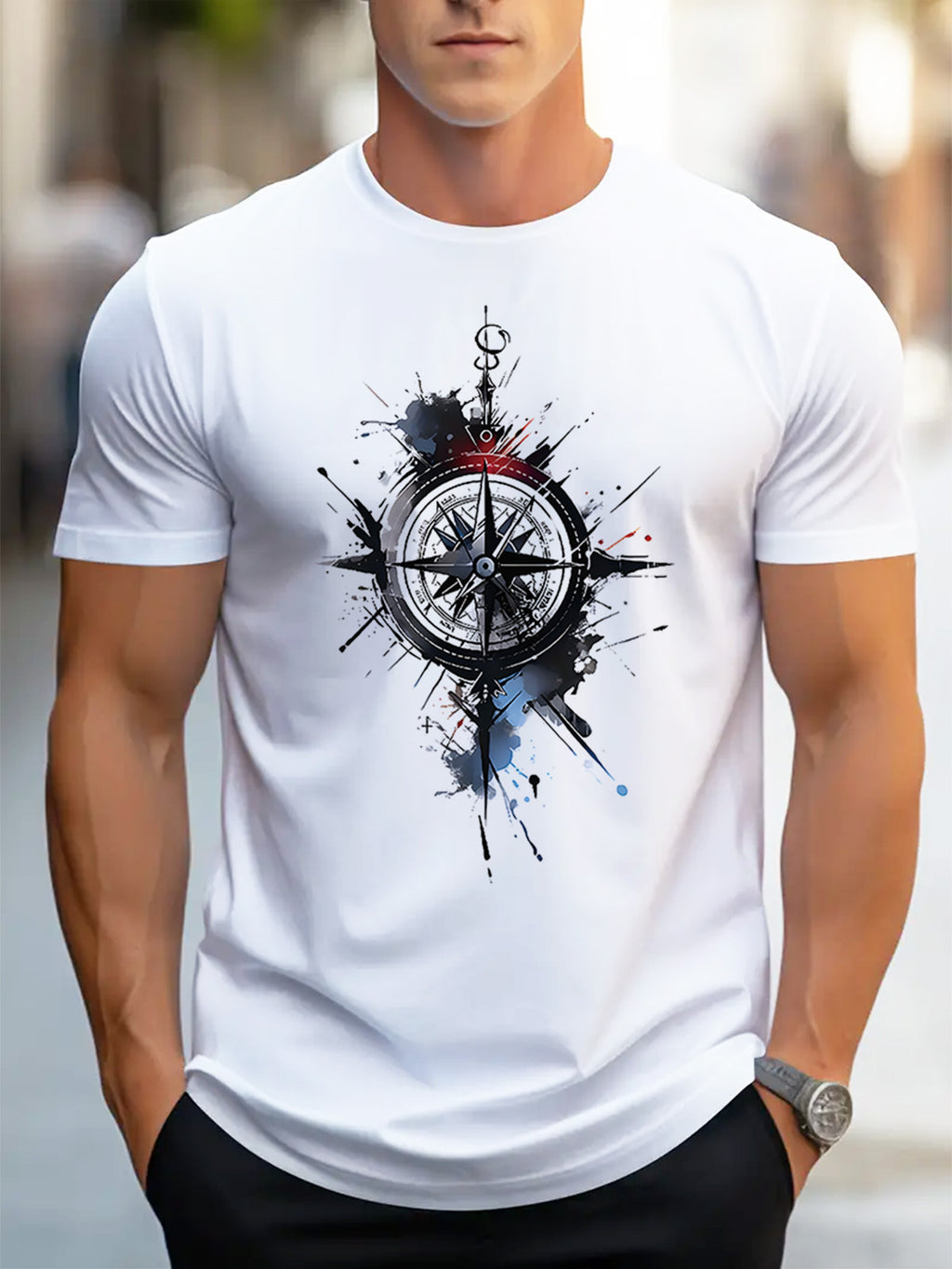 Men's Casual Short Sleeve T-Shirt with Compass Print - Breathable Polyester Round Neck Tee, Machine Washable Lightweight Summer Top for Outdoor Activities & Casual Attire, Smooth Texture Fabric