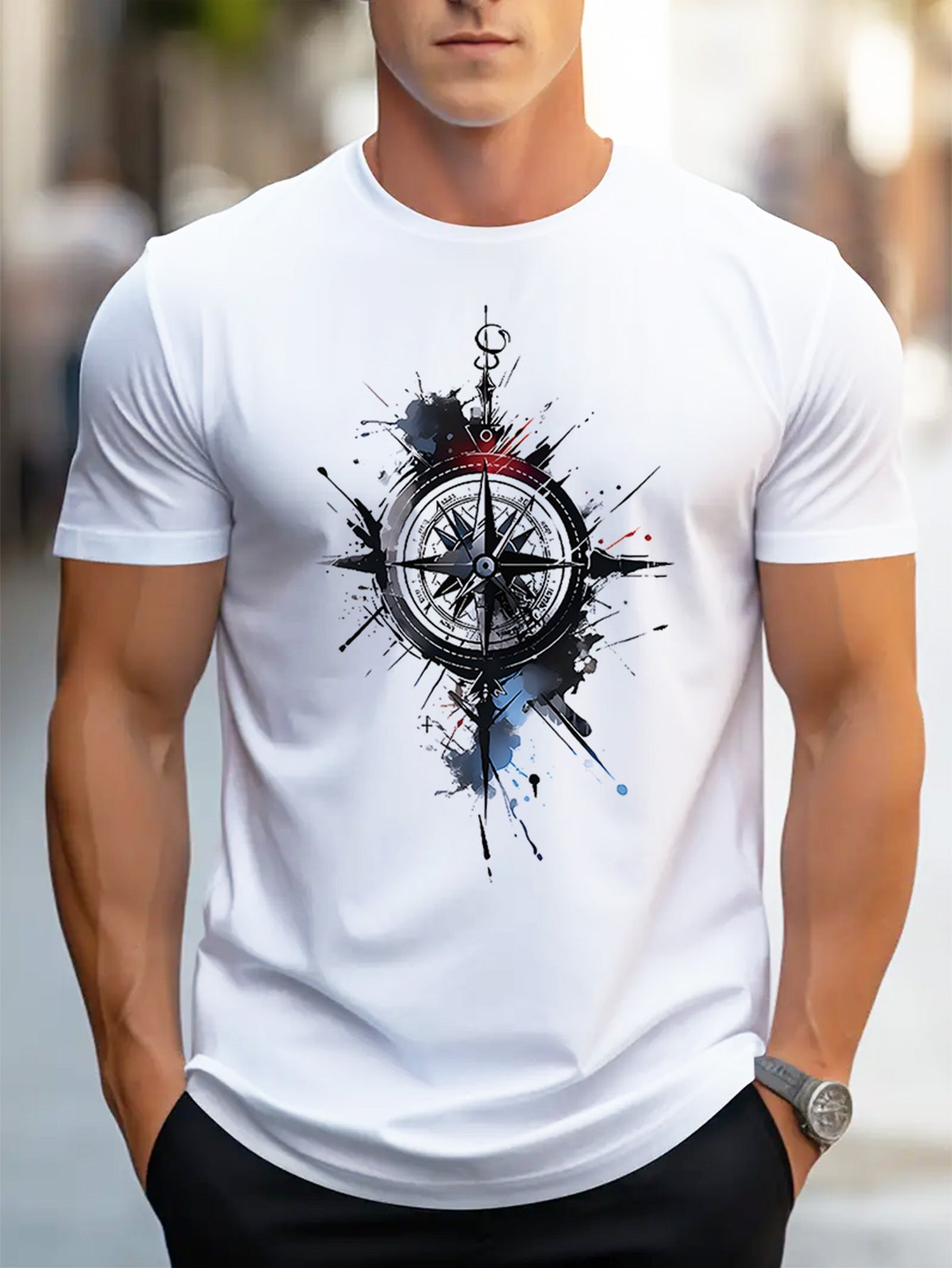Men's Casual Short Sleeve T-Shirt with Compass Print - Breathable Polyester Round Neck Tee, Machine Washable Lightweight Summer Top for Outdoor Activities & Casual Attire, Smooth Texture Fabric