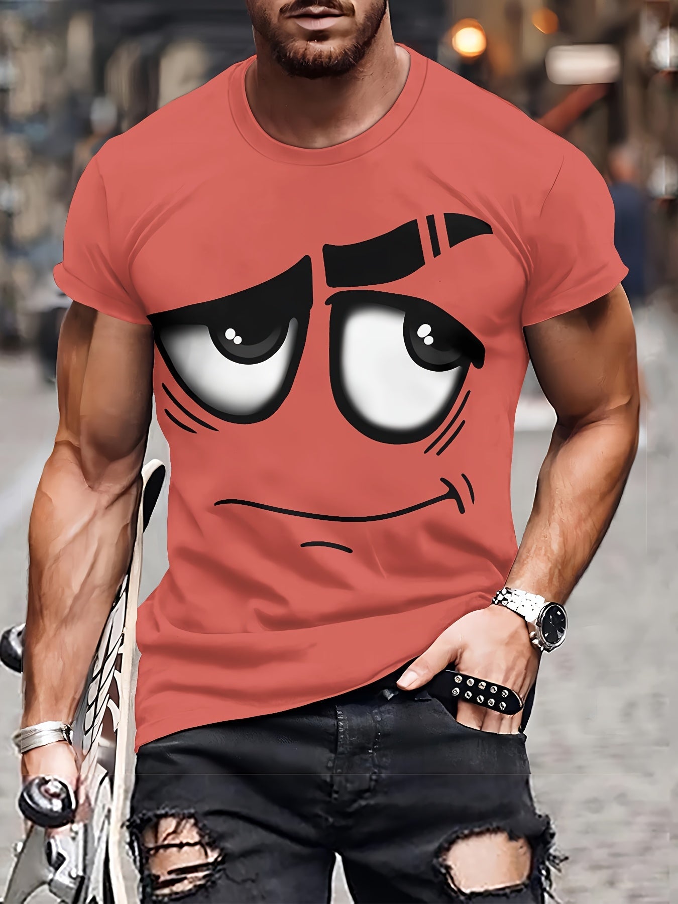 Men's 3D Novelty Graphic Tee - Casual Polyester Crew Neck T-Shirt, Machine Washable