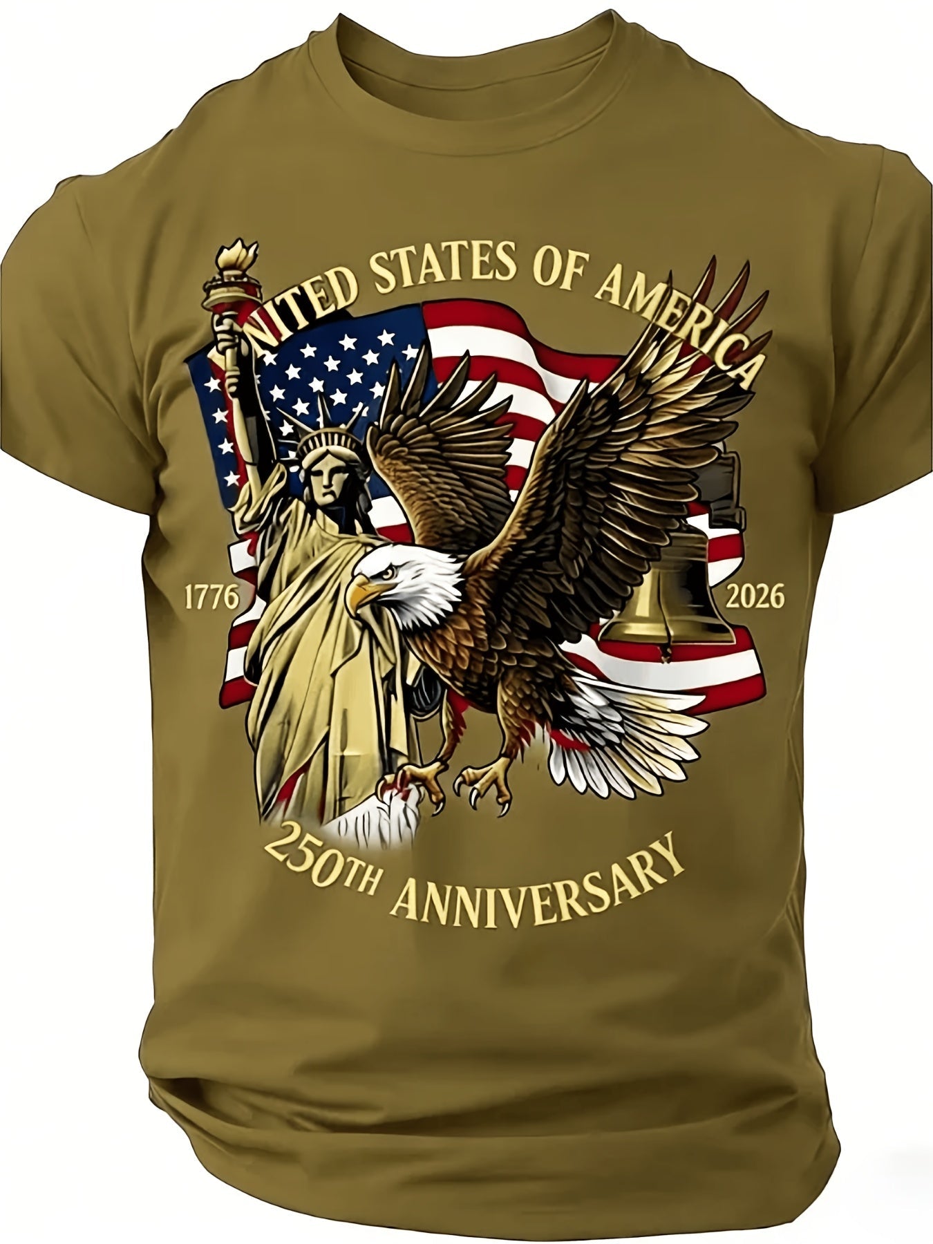 Large Round-Neck Short-Sleeved T-Shirt, Large Independence Day 250Th Anniversary T-Shirt, Featuring The National Flag, Eagle, And Statue of Liberty Prints, Loose-Fitting Top, Plus Size