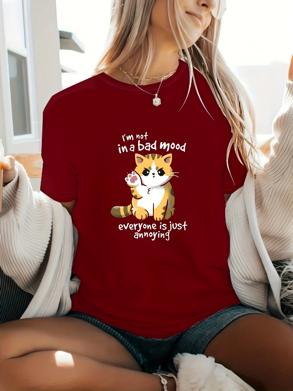 Women's Plus Size Casual Cat Print T-Shirt - "I'm Not in a Bad Mood" Humorous Graphic Tee with Slight Stretch, Short Sleeve Round Neck Summer Top, Machine Washable Black Shirt for Women, Cat Tshirt, Everyday Comfort Wear, Playful Design