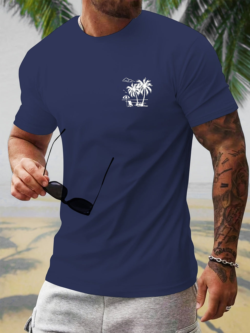 Men's Trendy Coconut Tree Print Regular Fit T-Shirt, Polyester with Elastane, Round Neck, Machine Washable - Summer Collection, Shoulder