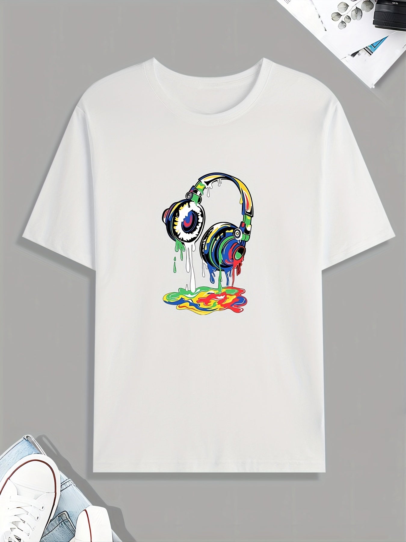 Headset Dripping Color Paint Print T Shirt, Tees For Men, Casual Short Sleeve Tshirt For Summer Spring Fall, Tops As Gifts
