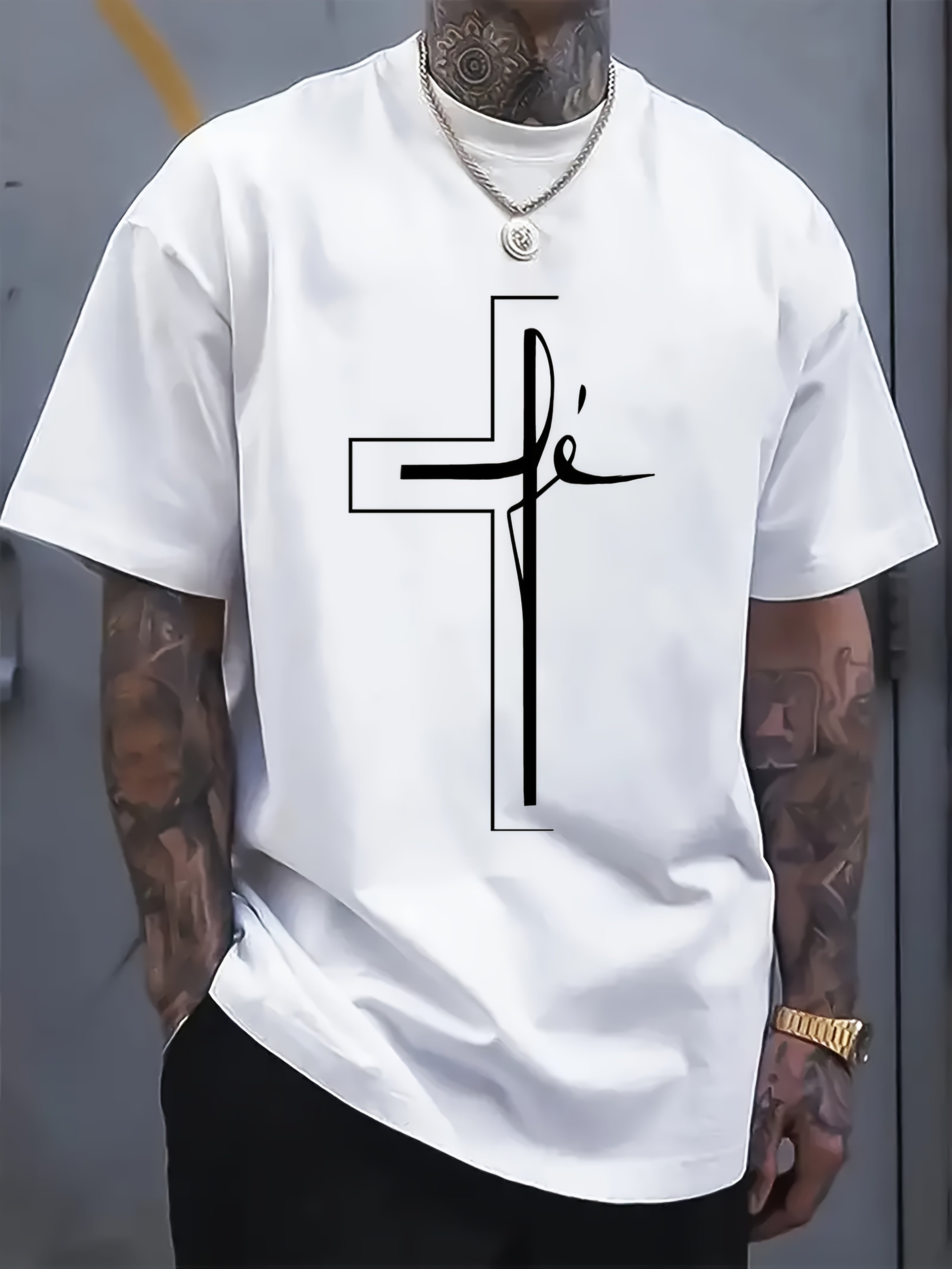 Men'S Casual Outdoor Short-Sleeve T-Shirt with a Summer Cross Religious Print in Plus Size