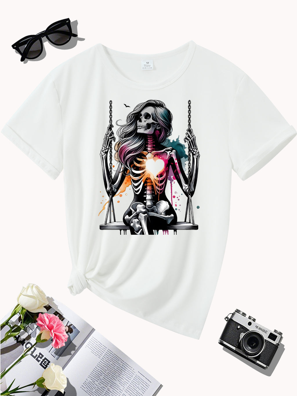 Women's Skeleton Heart Swing Graphic Print T-Shirt - Soft Stretch Round Neck Casual Tee, Machine Washable All-Season Comfort Fit, Sporty Style Shirt, Artistic Fashion Shirt, Nontransparent Fabric