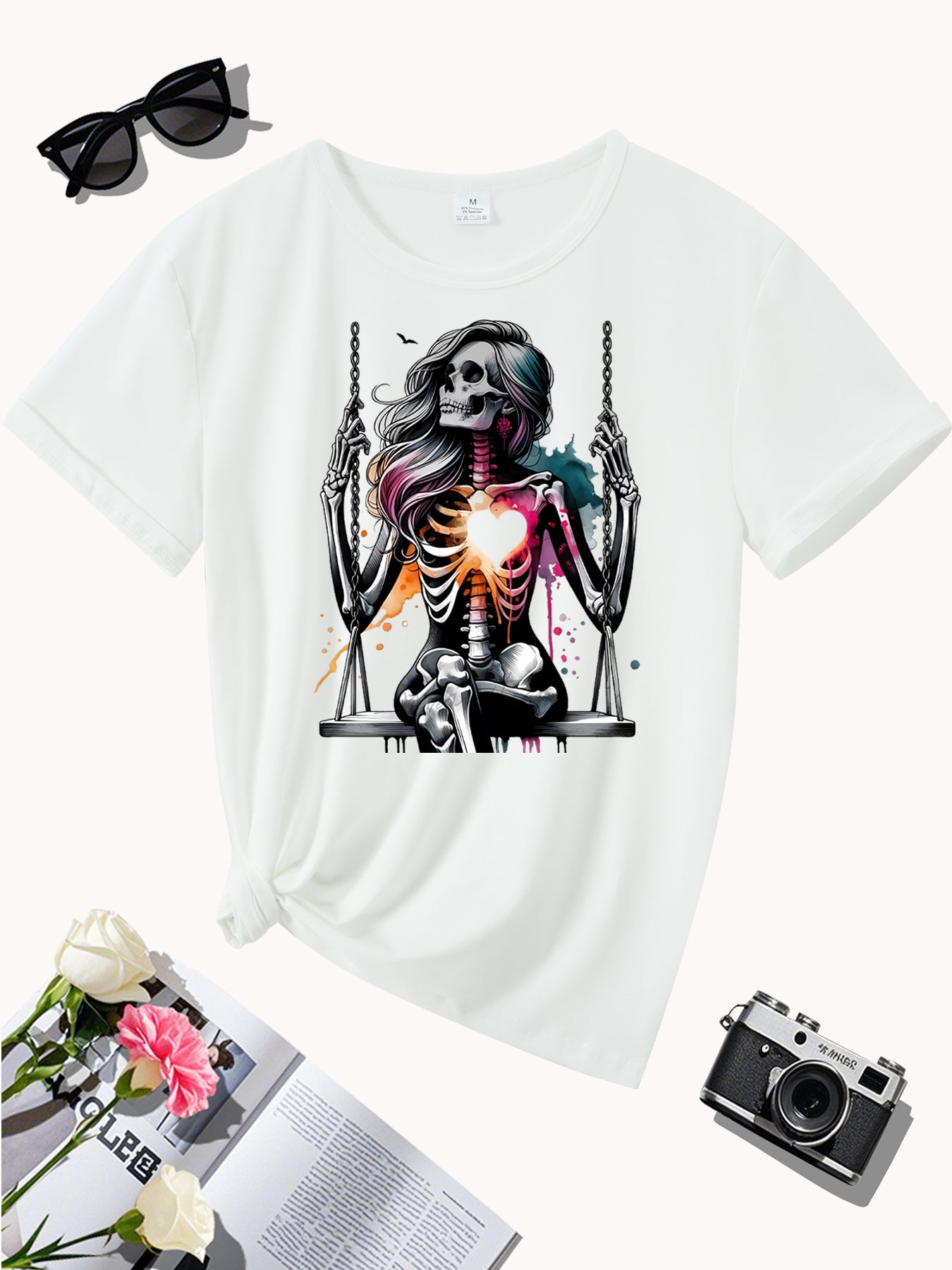 Women's Skeleton Heart Swing Graphic Print T-Shirt - Soft Stretch Round Neck Casual Tee, Machine Washable All-Season Comfort Fit, Sporty Style Shirt, Artistic Fashion Shirt, Nontransparent Fabric