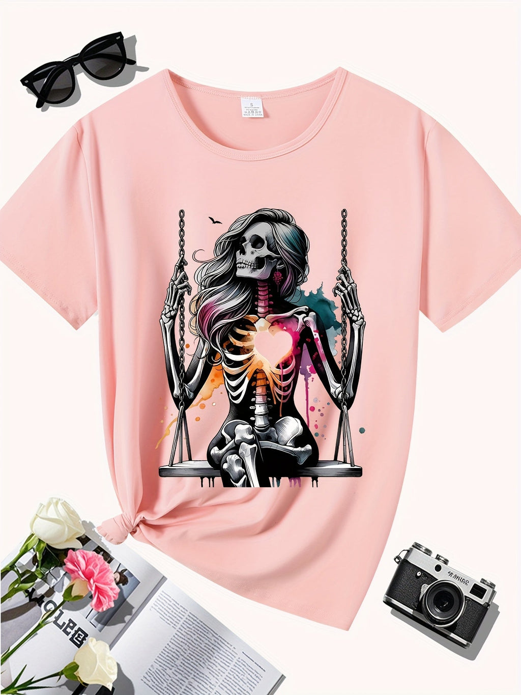 Women's Skeleton Heart Swing Graphic Print T-Shirt - Soft Stretch Round Neck Casual Tee, Machine Washable All-Season Comfort Fit, Sporty Style Shirt, Artistic Fashion Shirt, Nontransparent Fabric