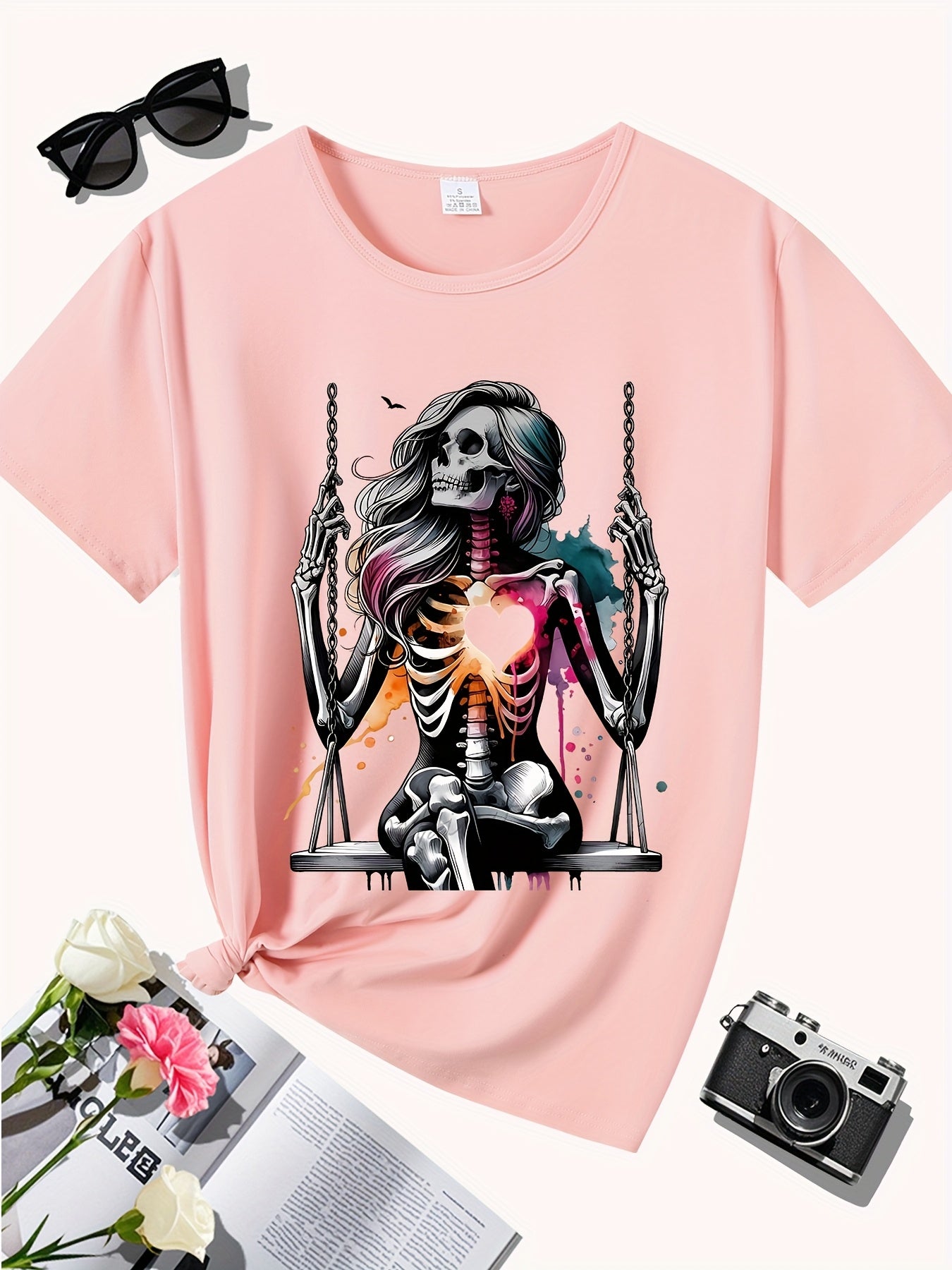 Women's Skeleton Heart Swing Graphic Print T-Shirt - Soft Stretch Round Neck Casual Tee, Machine Washable All-Season Comfort Fit, Sporty Style Shirt, Artistic Fashion Shirt, Nontransparent Fabric