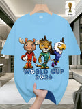 FIFA World Cup Football Men's Fashionable Short-sleeved T-shirt with a US, Canada and Mexico Themed Print. A Casual and Comfortable Summer T-shirt with a Cartoon Theme Design, Perfect for Outdoor Summer Wear, Birthday Gifts, and World Cup Presents.