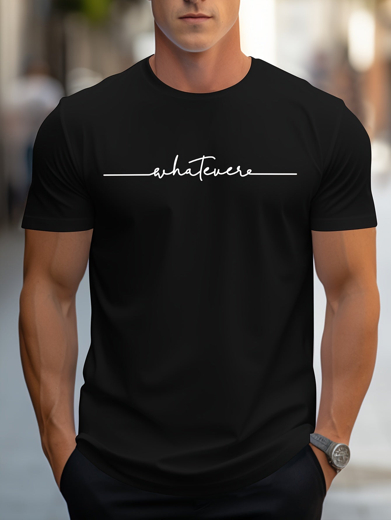 Men's English Art Print Crew Neck T-Shirt, Minimalist Lettering! Stylish Handwritten Alphabet Short Sleeve Casual Essential! Low-Key Sophisticated! Lazy Style! Handwritten Letter Print Tee