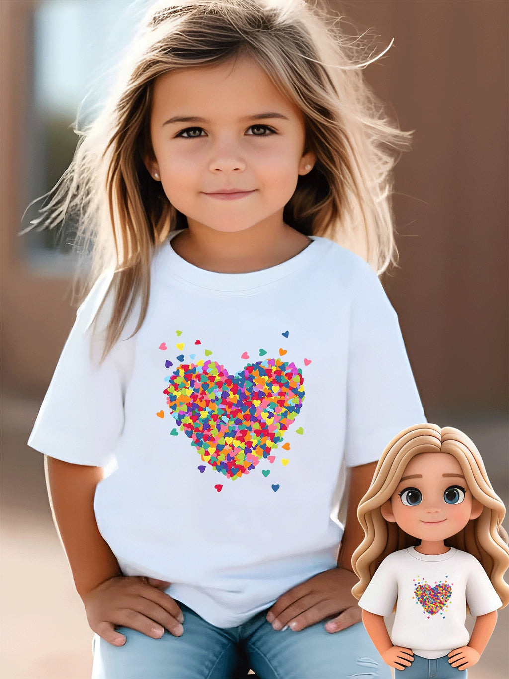 Colorful Heart Pattern Print, Girls' Summer Short-Sleeve T-Shirt, Stretchy And Comfortable Clothing for Outings