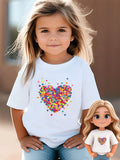 Colorful Heart Pattern Print, Girls' Summer Short-Sleeve T-Shirt, Stretchy And Comfortable Clothing for Outings