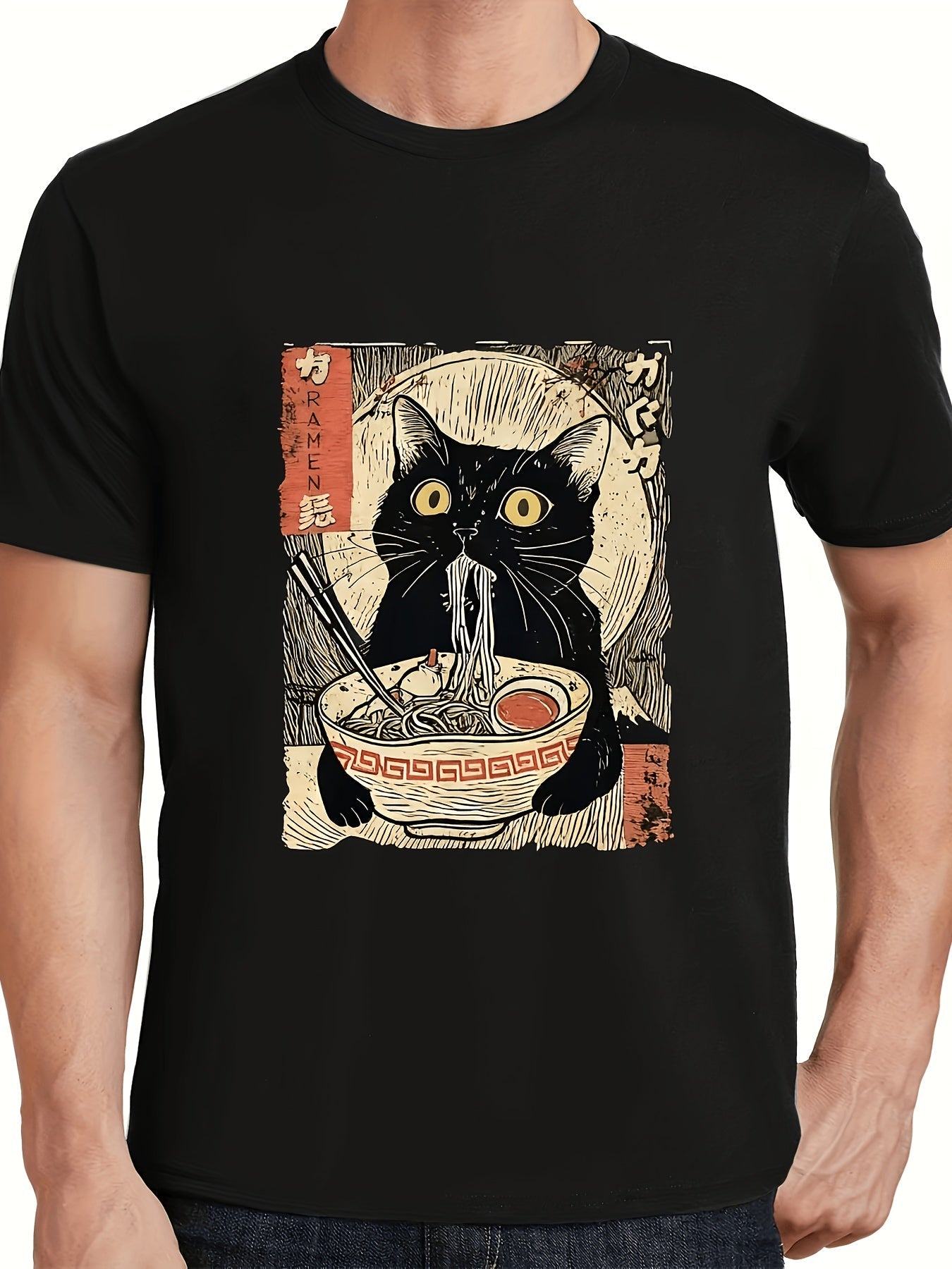 Men's Vintage Japanese Ramen Cat T-Shirt - Kitten Eating Noodles Print Round Neck Short Sleeve, Anime Cat & Ramen Lovers Casual Shirt, Machine Washable Comfortable Casual Attire