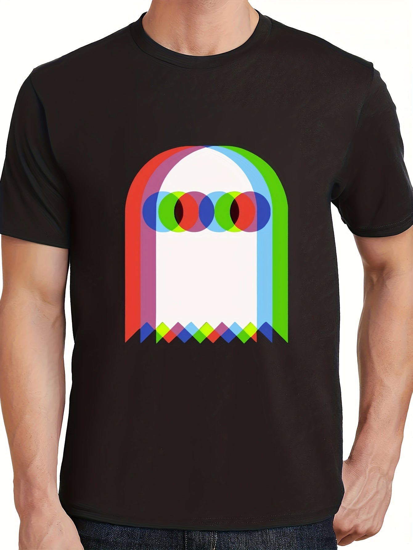 One Men's retro pixel print T-shirt, featuring a colorful spectrum print, breathable and comfortable fabric, crew neck, short sleeves, suitable for casual summer wear, Casual Attire, or outdoor activities.