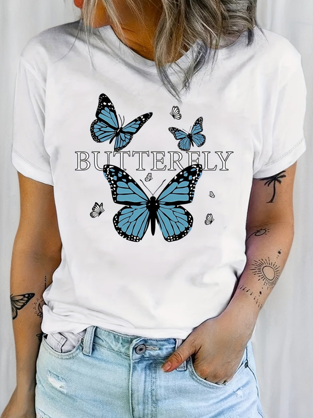 Butterfly Print T-shirt, Casual Crew Neck Short Sleeve Daily Top, Women's Clothing