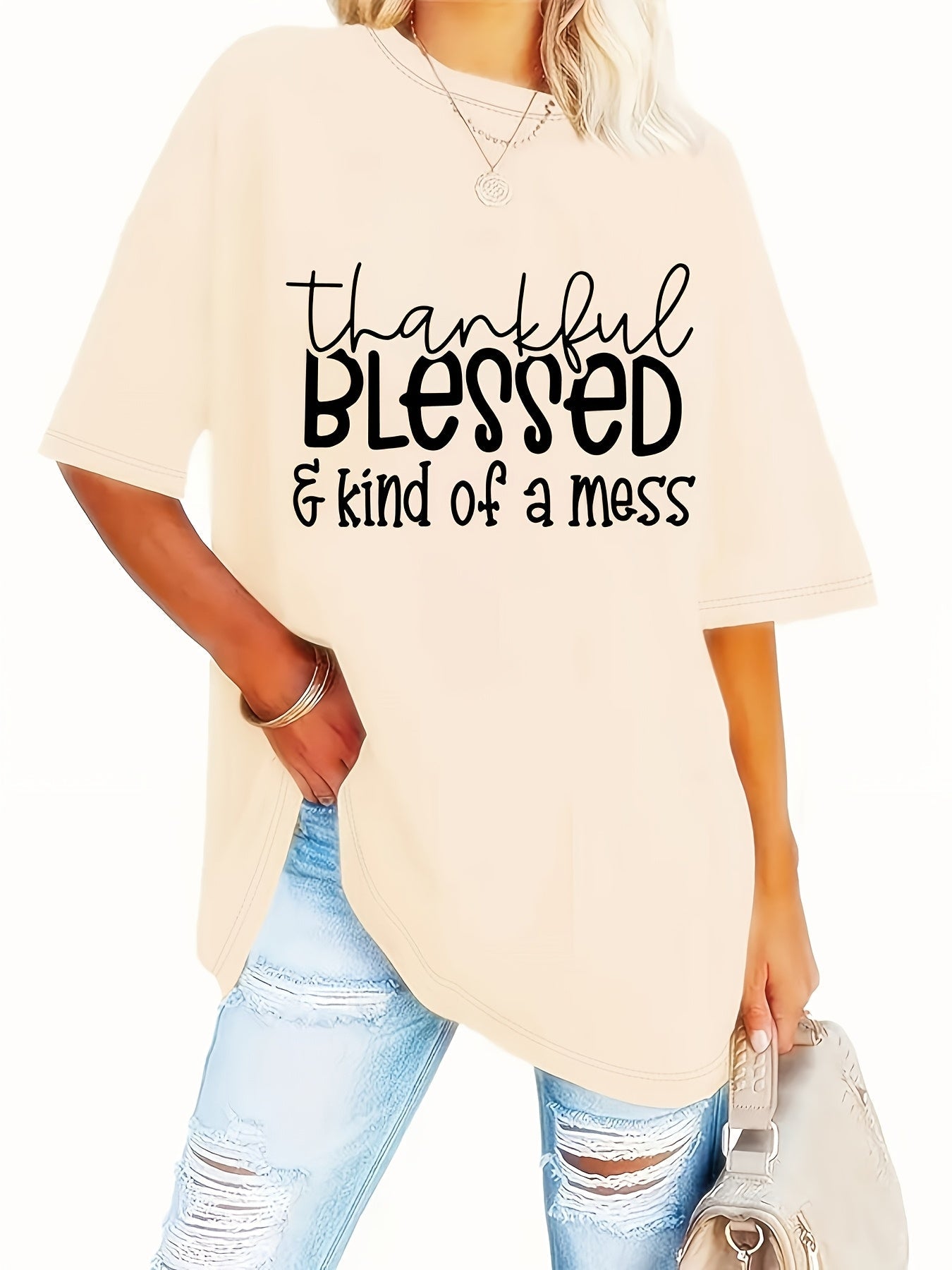 Plus Size Blessed Print T-shirt, Short Sleeve Crew Neck Casual Top For Summer & Spring, Women's Plus Size Clothing