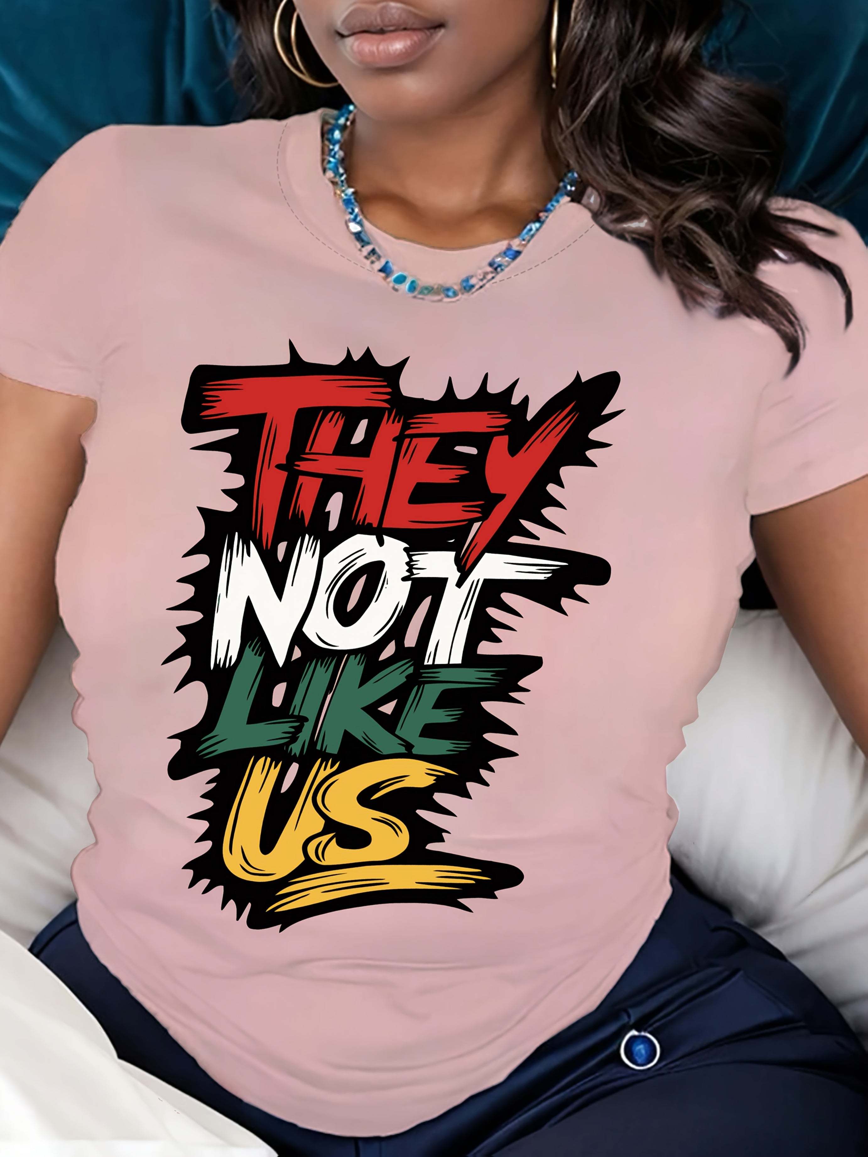 They Not Like us Letter Print Crew Neck T-Shirt, Casual Short Sleeve Top For Spring & Summer, Women's Clothing