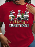 Plus Size Women's Casual Christmas Graphic T-Shirt - Festive Gnome & Merry Christmas Letter Print, Soft Short Sleeve Round Neck Tee for Holiday Parties & Casual Attire, Relaxed Fit Tee, Machine Washable Shirt