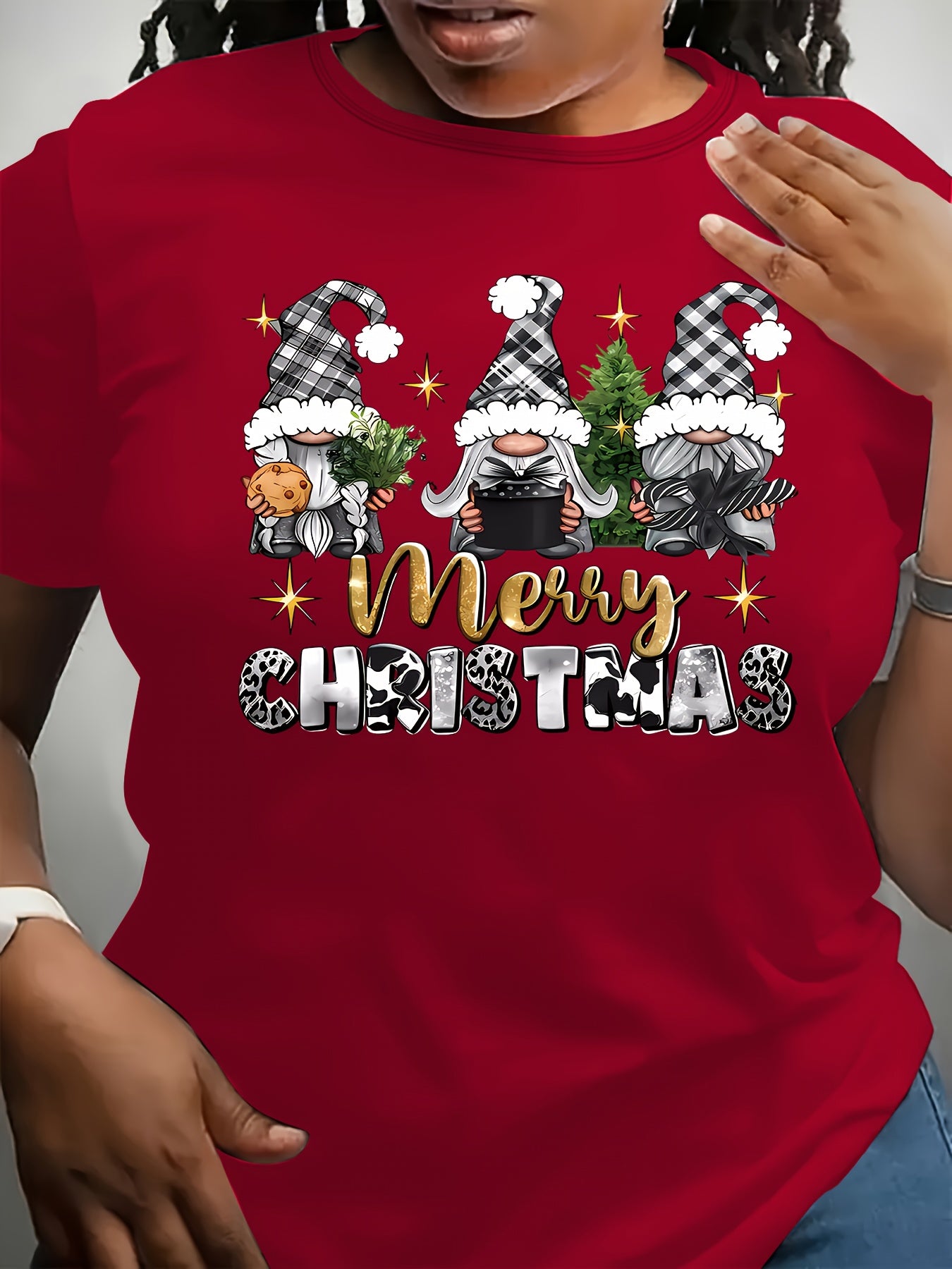 Plus Size Women's Casual Christmas Graphic T-Shirt - Festive Gnome & Merry Christmas Letter Print, Soft Short Sleeve Round Neck Tee for Holiday Parties & Casual Attire, Relaxed Fit Tee, Machine Washable Shirt