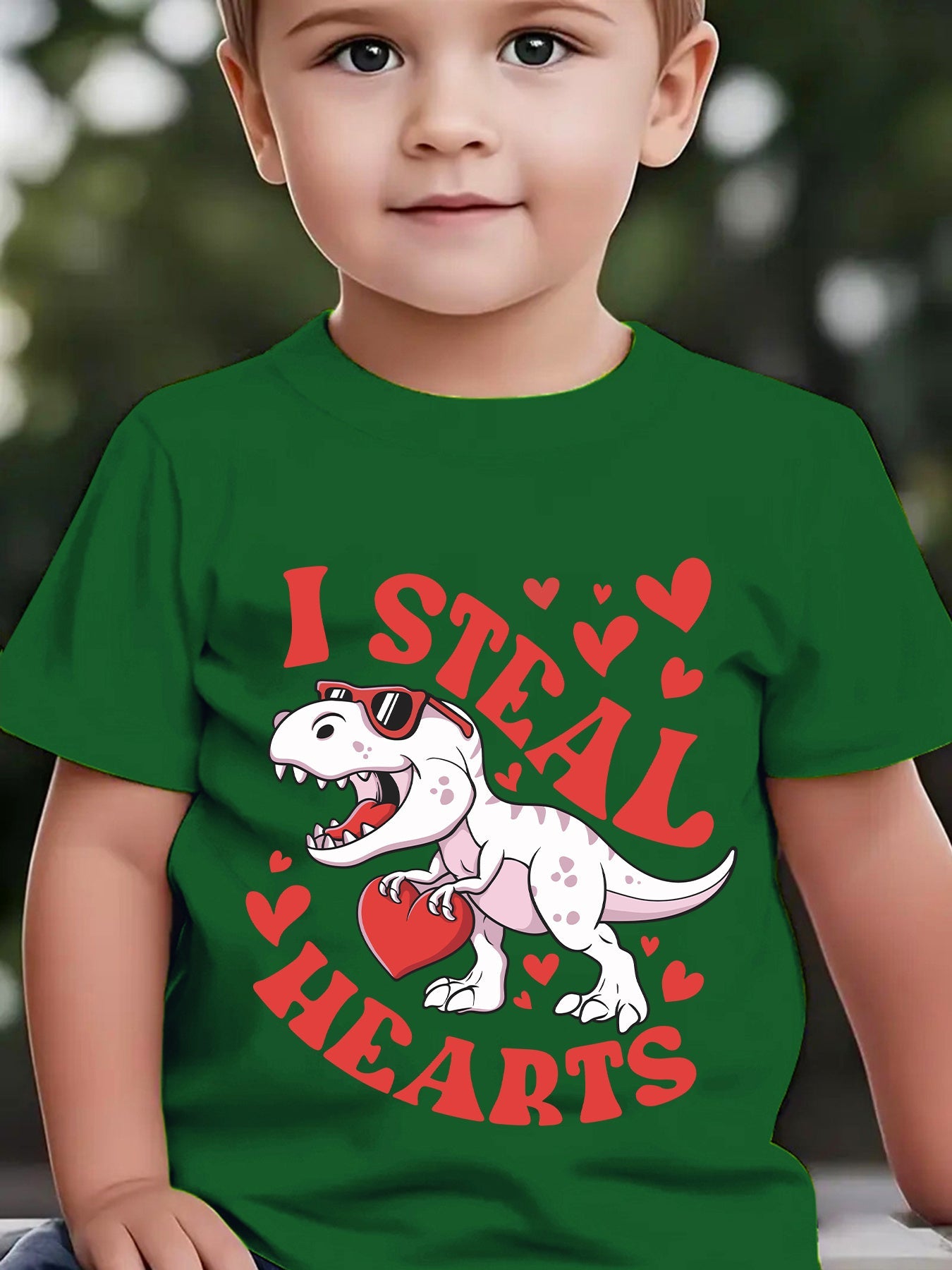 Valentine'S Day Summer Boys' Fashion Short Sleeve T-Shirt "I STEAL HEARTS" Holding Heart Dinosaur Cartoon Pattern Print Outdoor Casual Top NY-DX4923