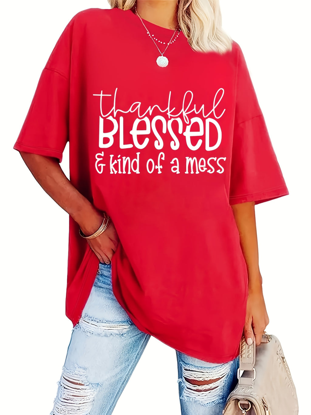 Plus Size Blessed Print T-shirt, Short Sleeve Crew Neck Casual Top For Summer & Spring, Women's Plus Size Clothing