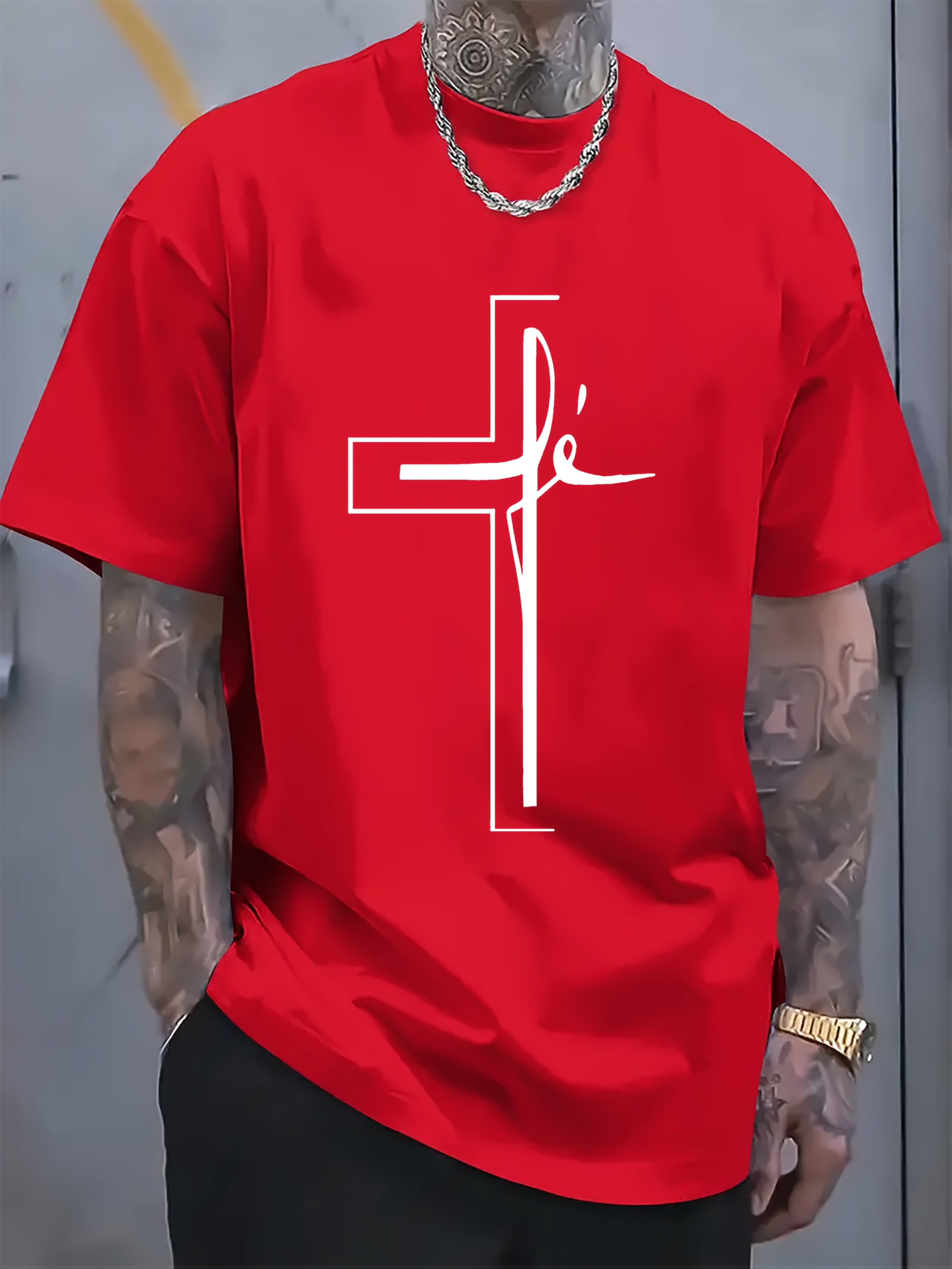 Men'S Casual Outdoor Short-Sleeve T-Shirt with a Summer Cross Religious Print in Plus Size