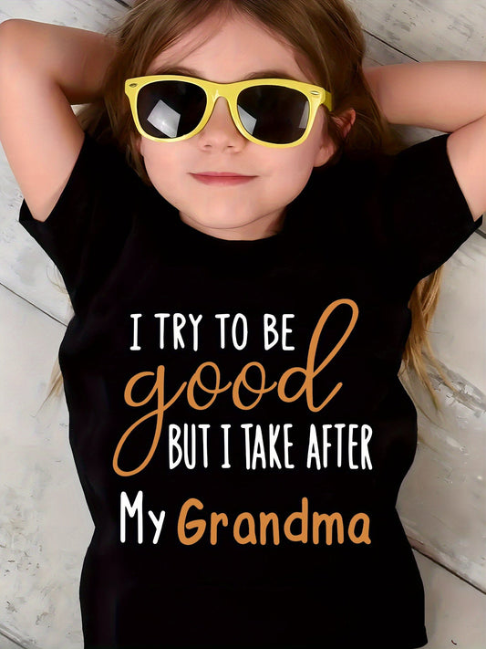 Summer Fashion Short-Sleeve T-Shirt for Girls with The Phrase 'I Try to Be Good But I Take After My Grandma', Featuring Letter Elements And a Casual Versatile Design, Model DX2838.