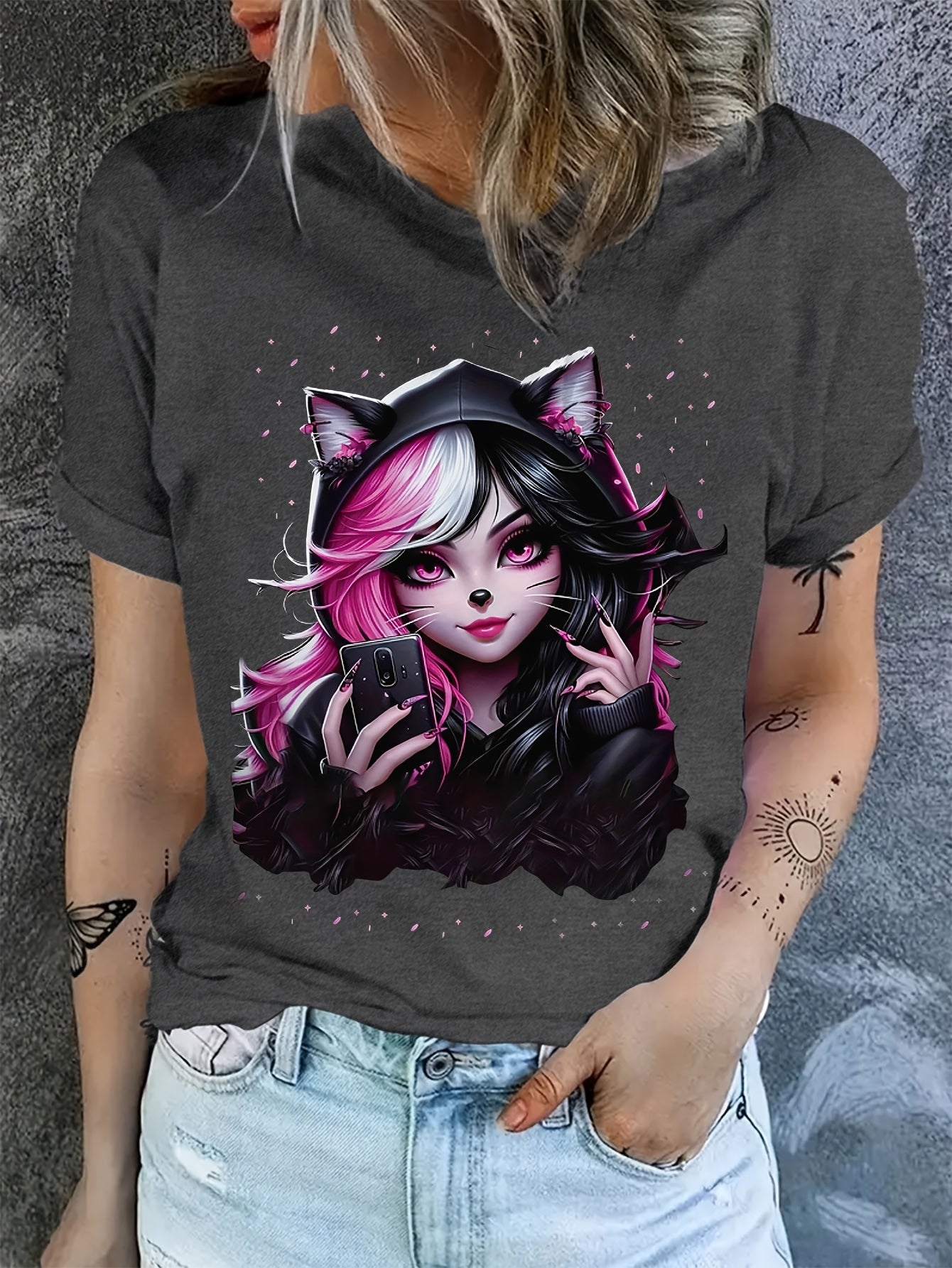 Women's Anime Cat Ear Graphic T-Shirt - Japanese Manga Print Short Sleeve Crew Neck Top, Soft Stretch Casual Summer & Spring Tee for Conventions, Themed Events & Casual Attire