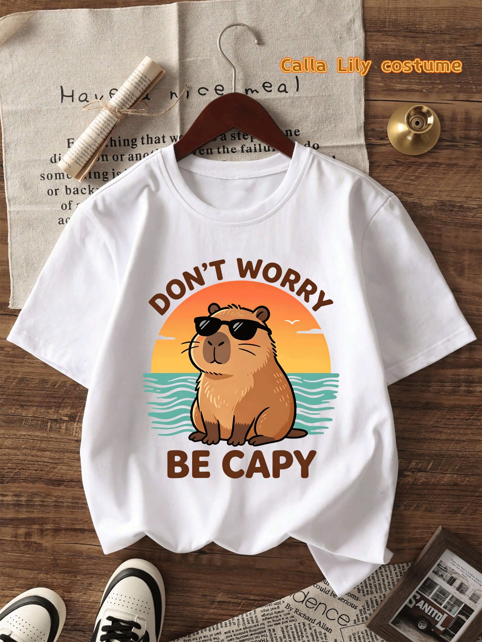 CAPYBARA Capybara Milk Tea Pattern Print, Summer Short Sleeve T-Shirt Top, Polyester Stretch Comfortable 'S Wear