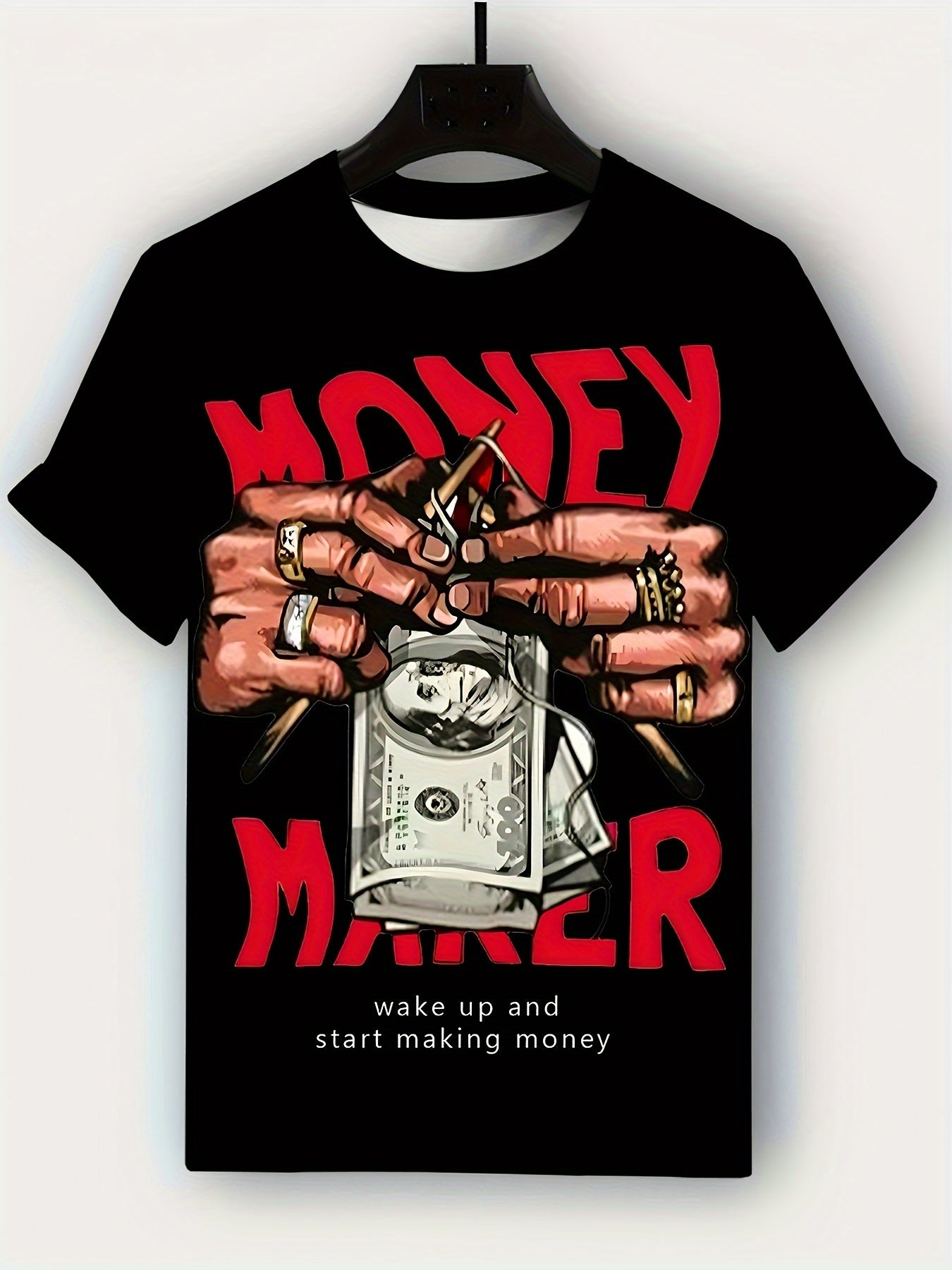 Hands With Money Print Men's Crew Neck Fashionable Short Sleeve Sports T-shirt, Comfortable And Versatile, For Summer And Spring, Athletic Style, Comfort Fit T-Shirt, As Gifts