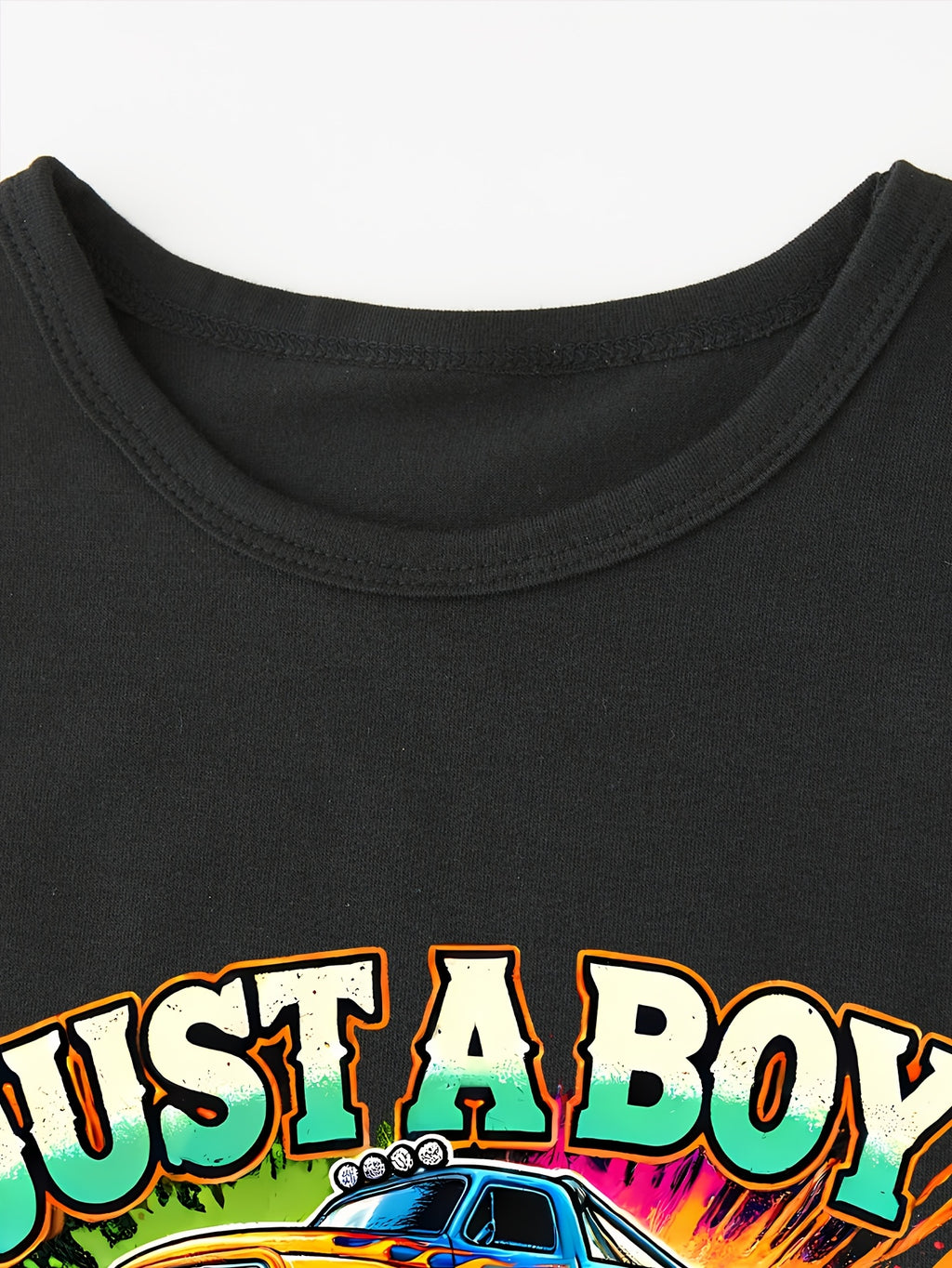 TX31220 Boy JUST A BOY WHO LOVES MONSTER TRUCKS Truck Print Casual Round Neck T-shirt