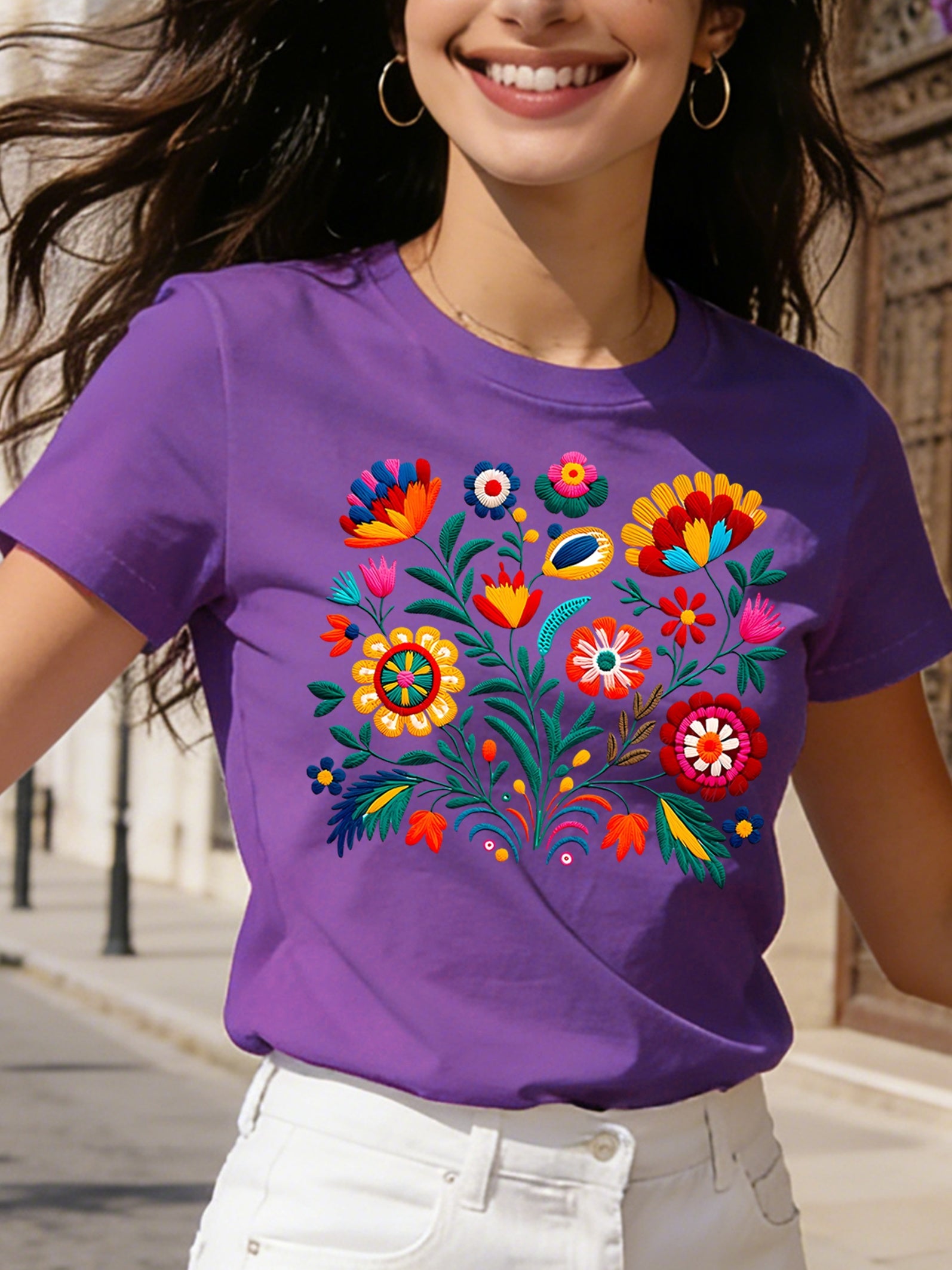 Mexican Color Floral Fiesta Letter Print T-shirt, Casual Short Sleeve Crew Neck Top Women's Clothing