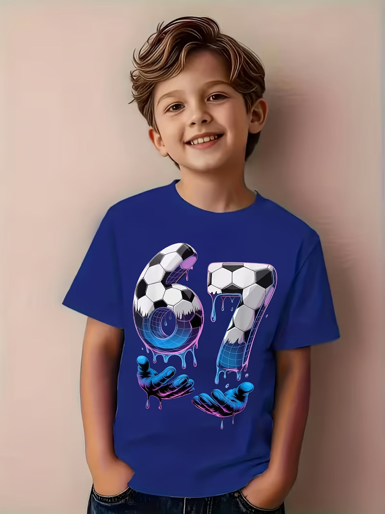 Soccer "67" Boys and Girls Ice Cream Drip Fun Six Seven Hand  Pack T-Shirt, Spring/Summer Comfortable Casual Crew Neck, Breathable, Casual Style, Crew Neck, Perfect for Kids, Printed Pattern