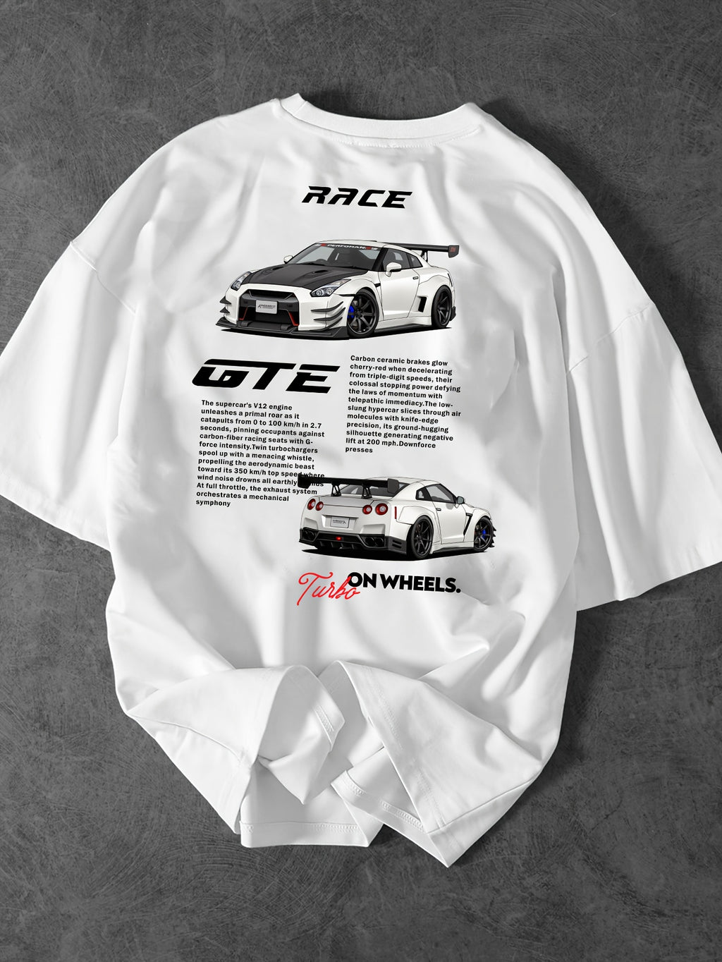 Men'S Fashion Car Pattern T-Shirt, Racing Elements Graphic Tee, Loose Fit Street Style Short Sleeve Top for Summer, Casual Attire for Car Enthusiasts, Slight Drop Shoulder Round Neck T-Shirt