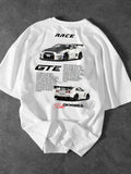Men'S Fashion Car Pattern T-Shirt, Racing Elements Graphic Tee, Loose Fit Street Style Short Sleeve Top for Summer, Casual Attire for Car Enthusiasts, Slight Drop Shoulder Round Neck T-Shirt