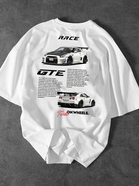 Men'S Fashion Car Pattern T-Shirt, Racing Elements Graphic Tee, Loose Fit Street Style Short Sleeve Top for Summer, Casual Attire for Car Enthusiasts, Slight Drop Shoulder Round Neck T-Shirt