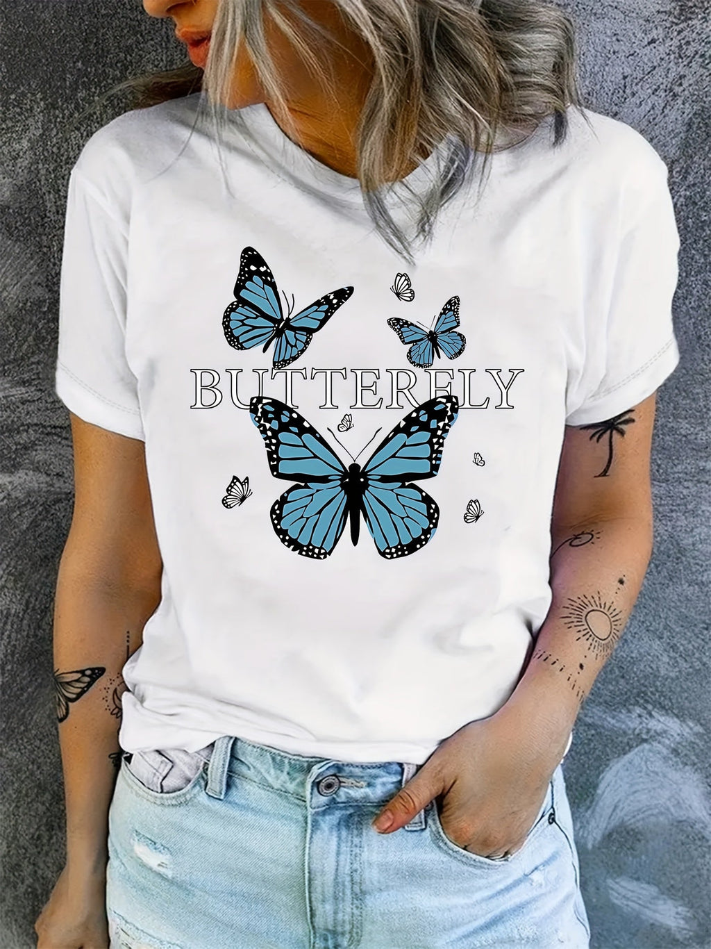 Butterfly Print T-shirt, Casual Crew Neck Short Sleeve Daily Top, Women's Clothing