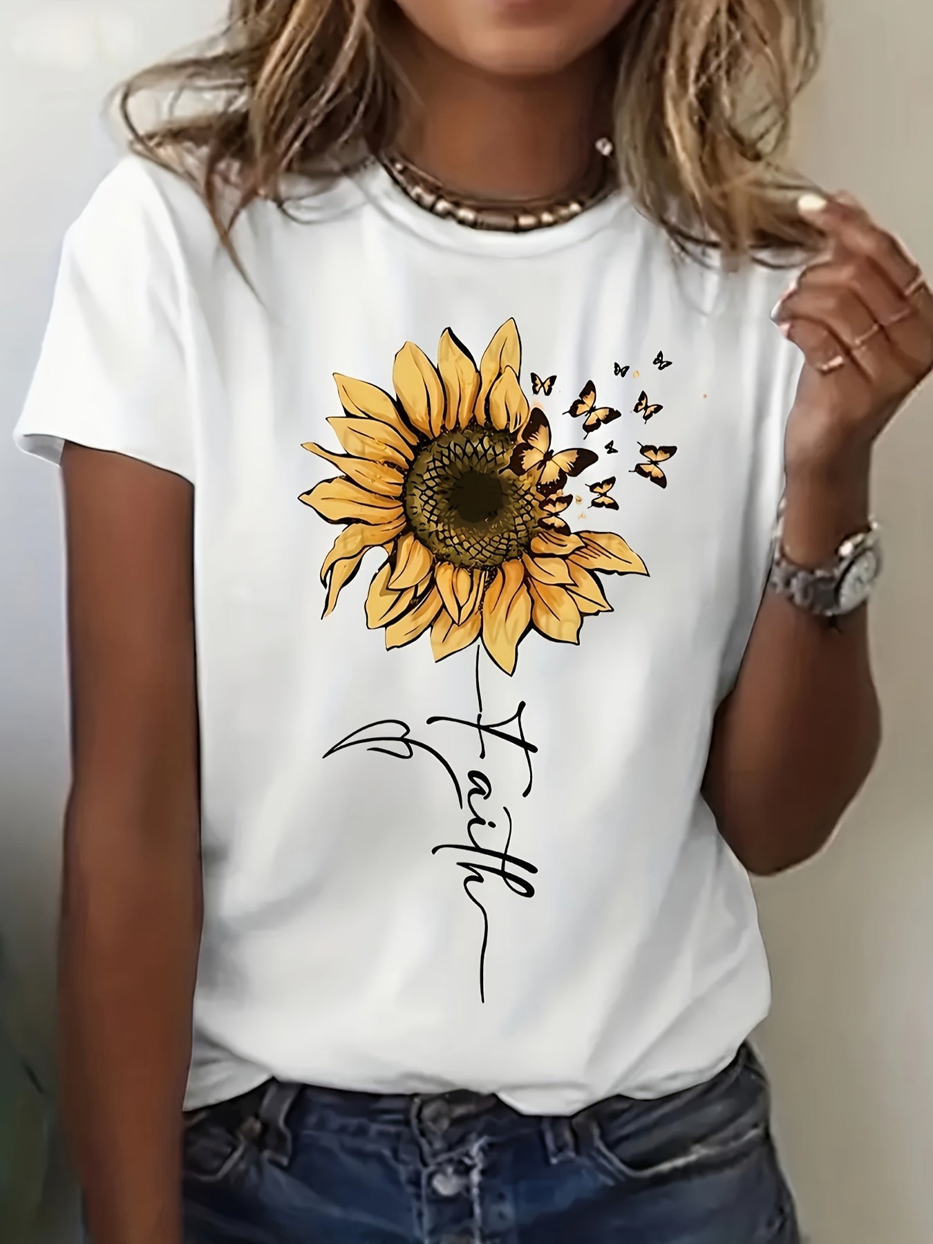 Women's Sunflower & Butterfly Print T-Shirt - Casual Short Sleeve Round Neck Blouse with Sunflower & Butterfly Design, Medium Stretch Fabric, Spring Summer Warm Weather Outfits, Machine Washable Opaque Top for Casual & Dressy Occasions -