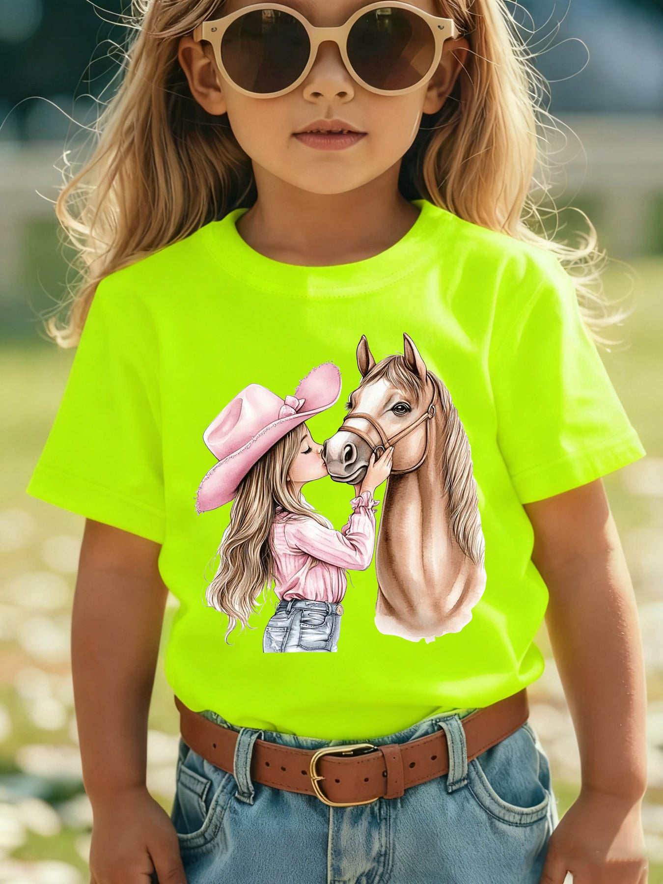 Girls' Summer Short Sleeve T-Shirt with Kissable Horse & Mara' Cartoon Patch - Pink Casual Round Neck Blouse for Equestrian Outfits NY-DX7632