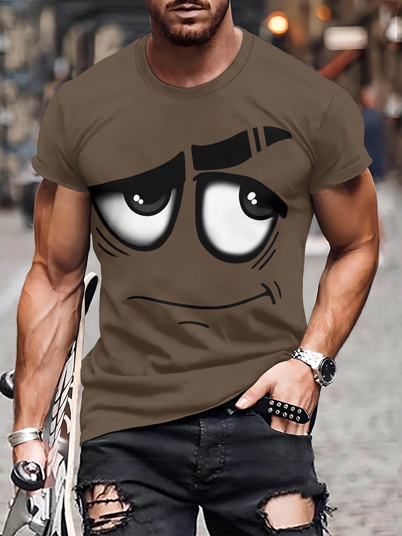 Men's 3D Novelty Graphic Tee - Casual Polyester Crew Neck T-Shirt, Machine Washable