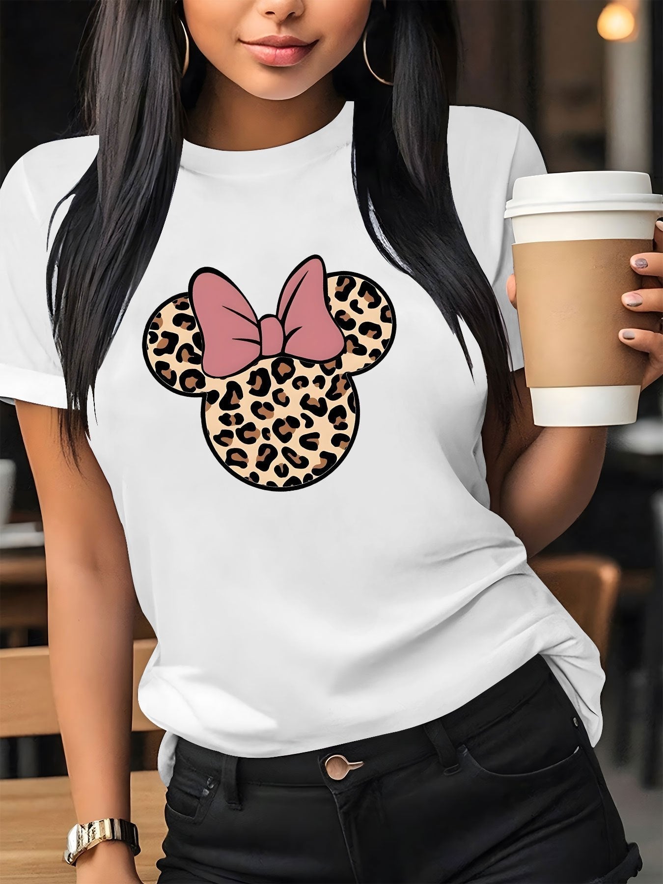 Women'S Casual Graphic Print T-Shirt - Short Sleeve Crew Neck, Leopard Print Bow Design, Lightweight Polyester, Perfect for Spring & Summer Outfits, Leopard Print Blouse