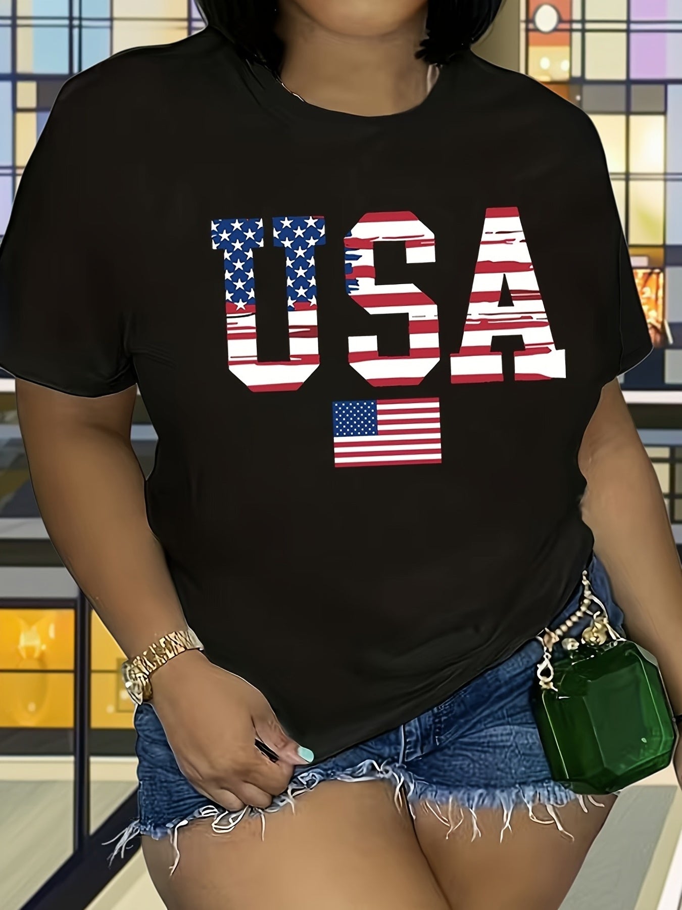 Short Sleeve Round Neck Top with USA Flag Print