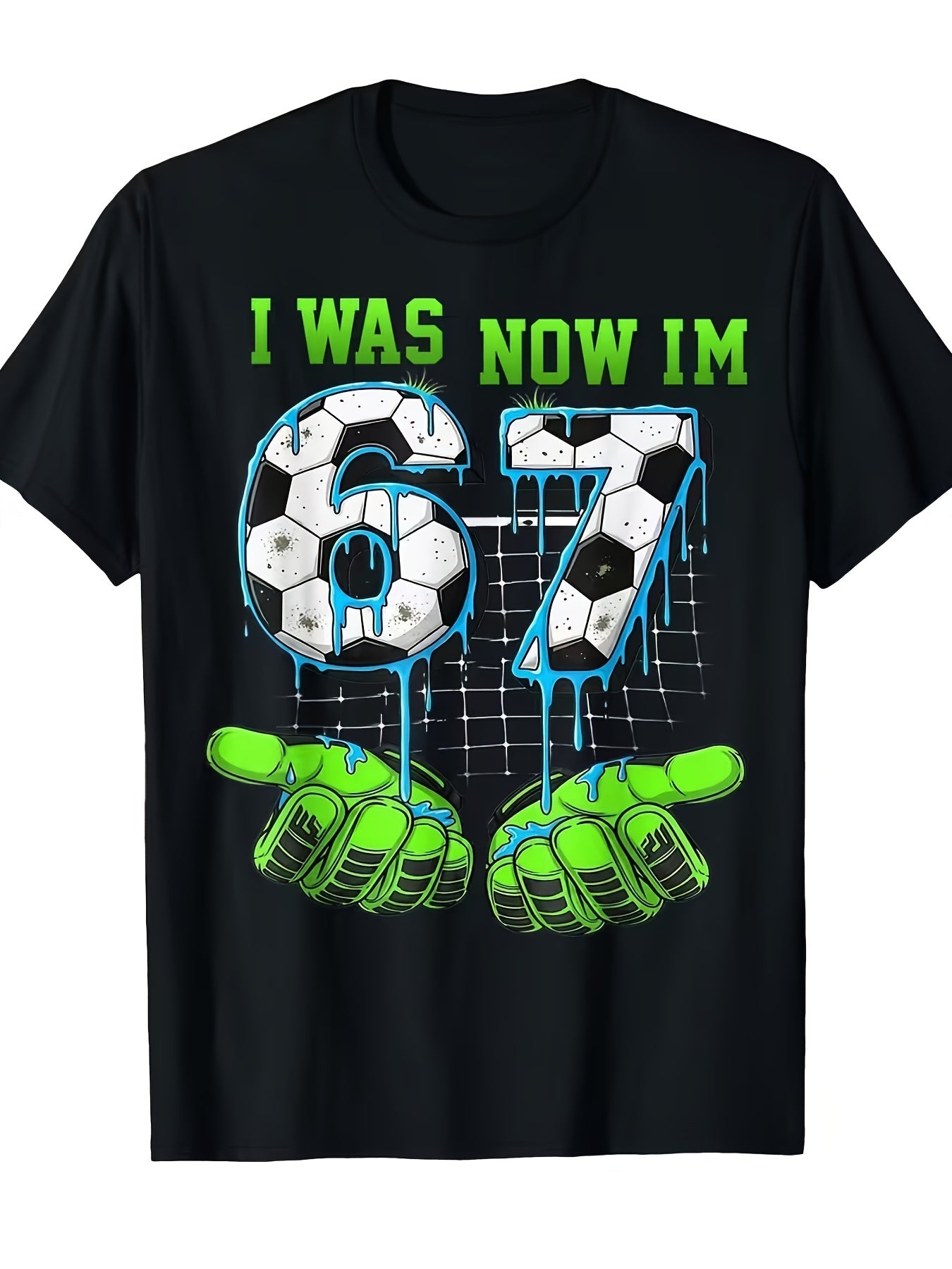 Children's Football "67" T-shirt - Neon Green and Turquoise Football Pattern with Drip Design, Suitable for Casual Round Neck T-shirt of Fans and Players