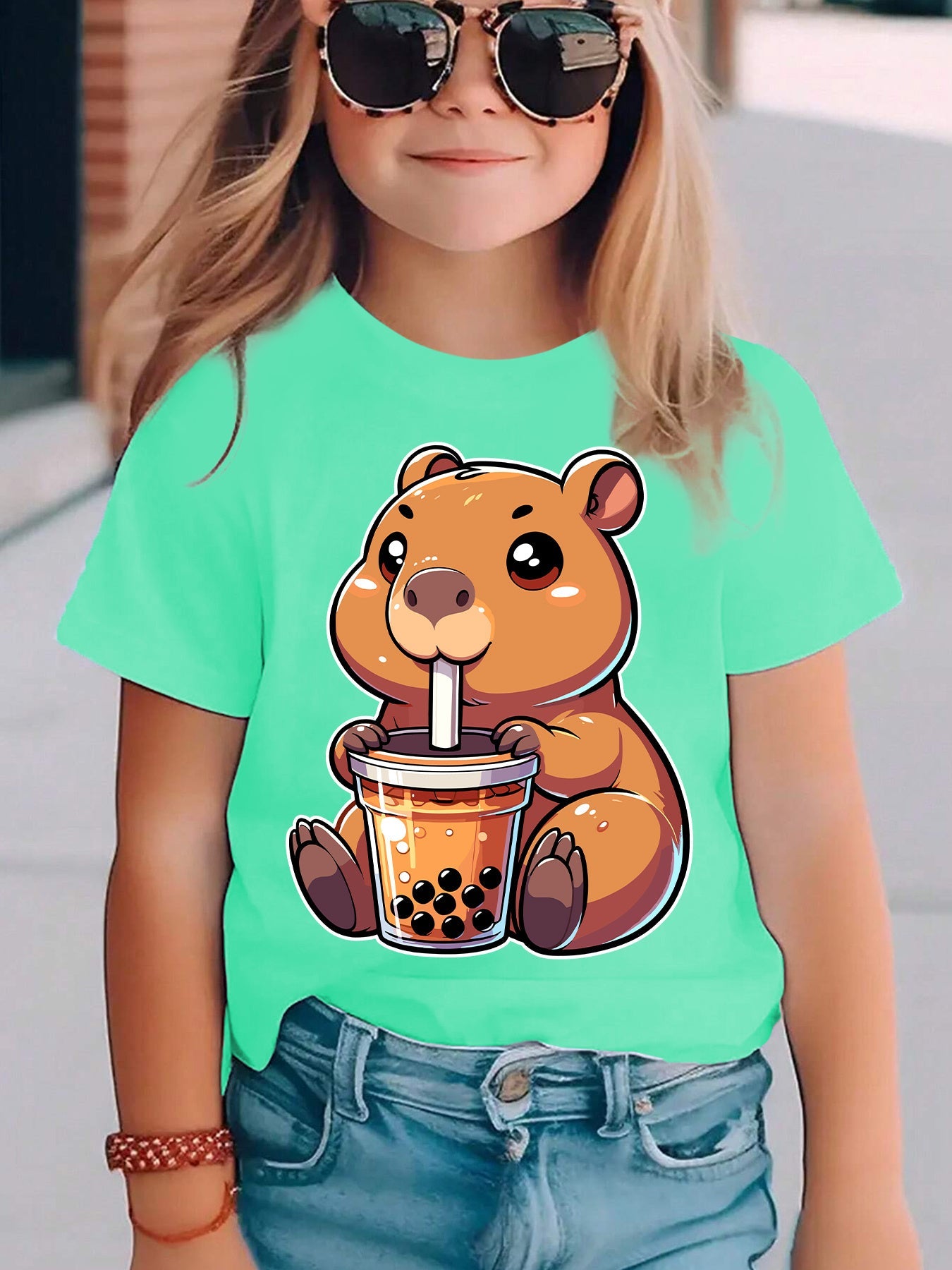 Girls' Summer Short Sleeve T-Shirt with Cute Bear Drinking Boba Milk Tea & Letter Print Round Neck Blouse - Casual Summer Top for, Playdates, Casual Attire - Easy-Care for & Little Girls (DX5334)