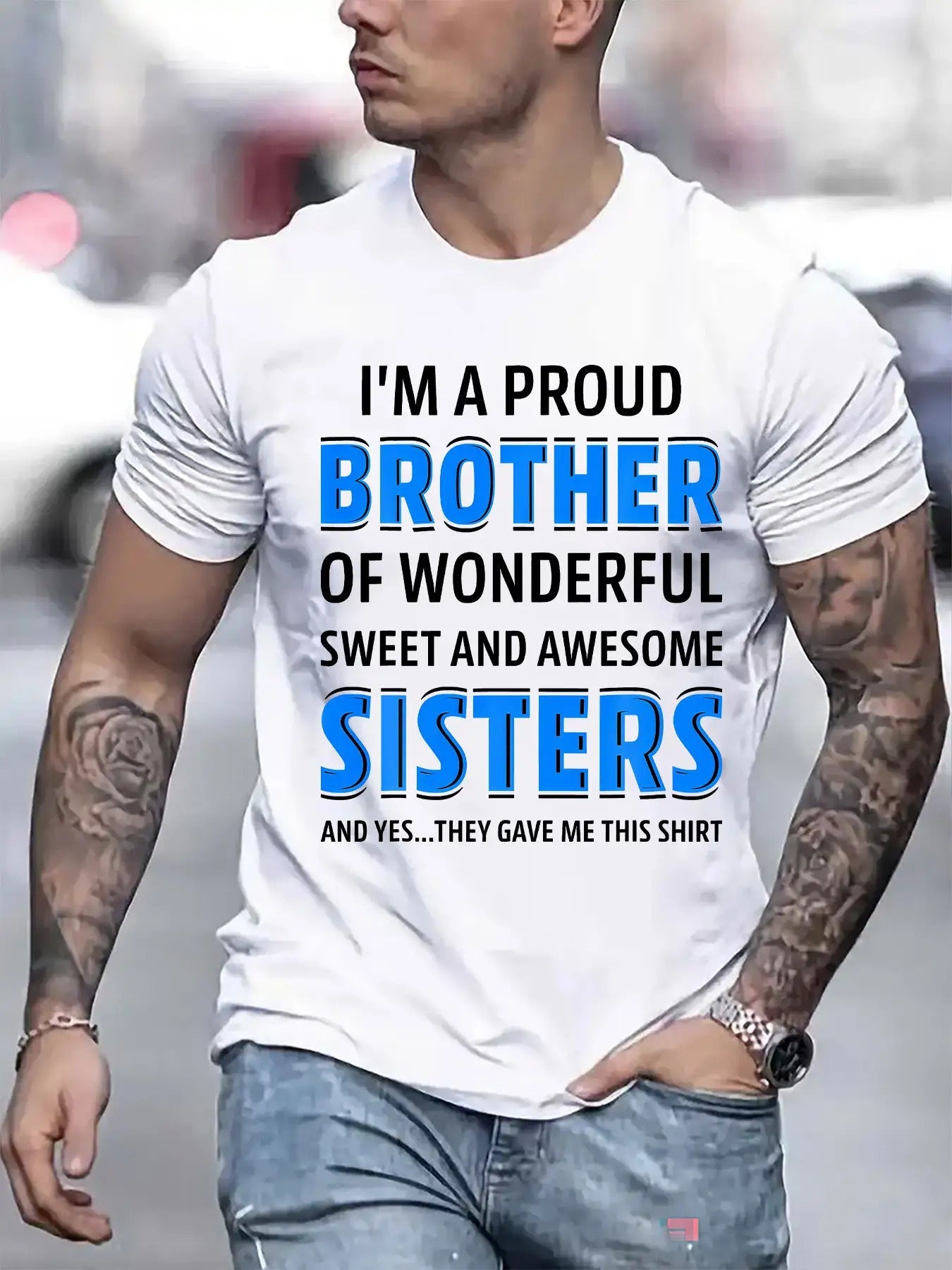 Men's 'Proud Sister and Brother' Graphic T-Shirt- Casual Short Sleeve Crew Neck Summer Top, Spring Outdoor Wear, Machine Washable Regular Fit, Bold Blue Letter Design, Breathable Comfortable Fabric